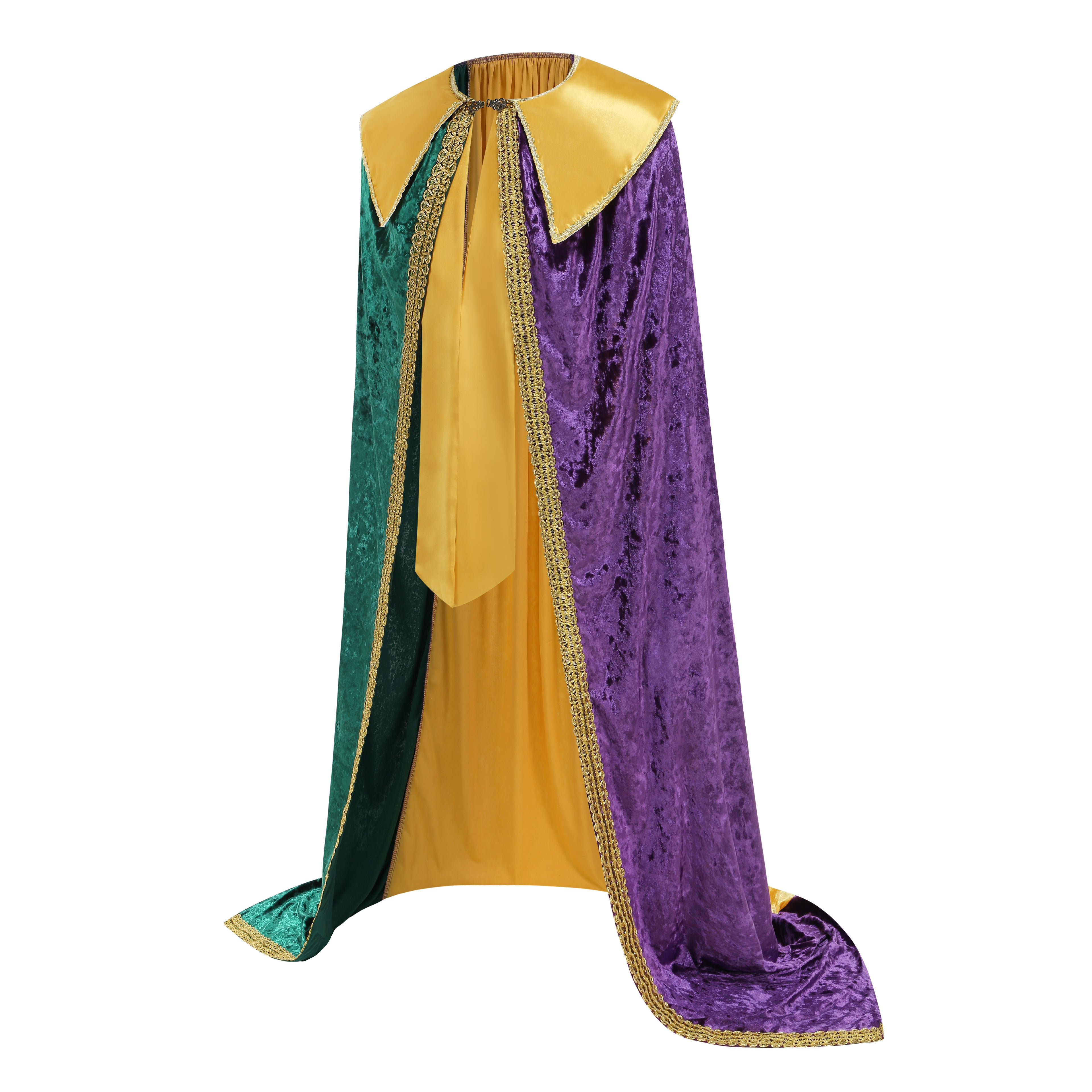 Adult Mardi Gras King Lace Trim Cape, Tricolor Green‑Purple‑Gold Velvet Cloak 150‑170CM, Carnival Royal Cosplay Party Costume
