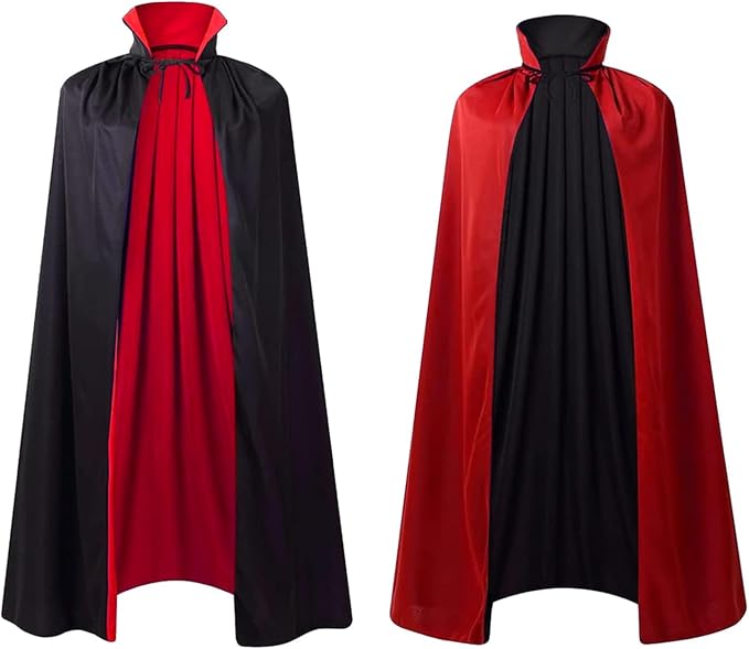 Stand Collar Hooded Cloak, Double-Sided Satin Cape for Men Women, Halloween Masquerade Costume