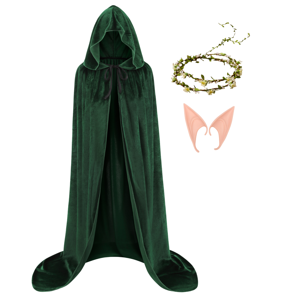 Adult Green Velvet Hooded Cape Elf 3‑Piece Set, Long Cloak with Elf Ears & Flower Crown for Halloween Cosplay Party, 110‑170cm