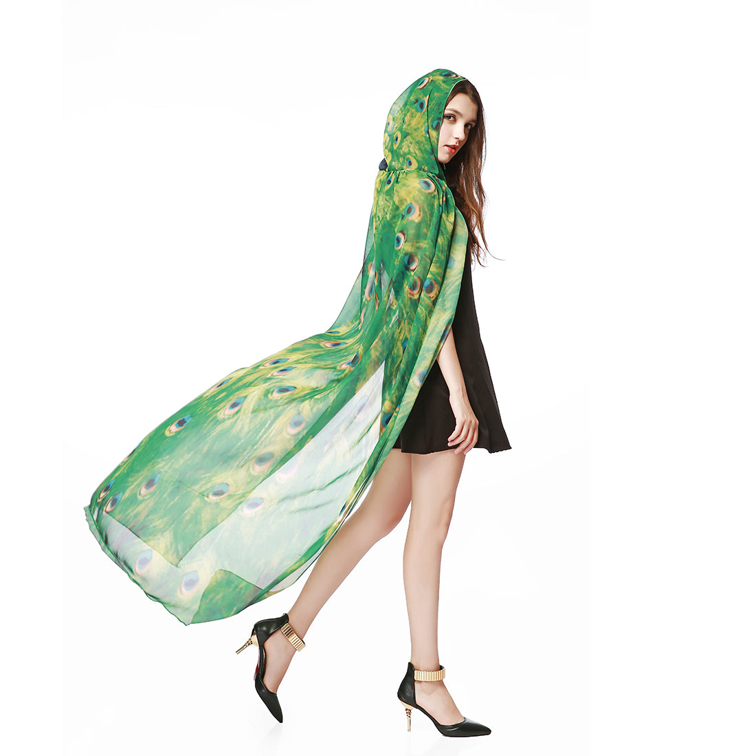 Adult Peacock Hooded Cape Green Chiffon Cloak 130CM Halloween Cosplay Party Costume for Women