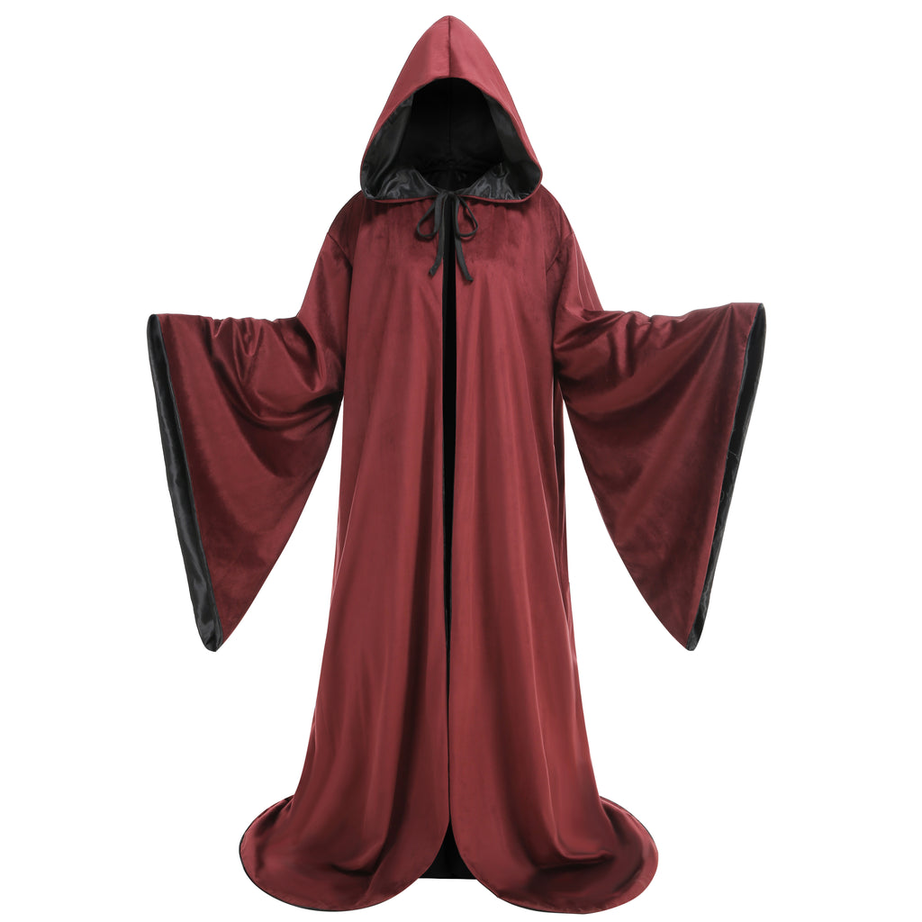Adult Double‑Sided Velvet Wizard Hooded Robe, Burgundy Reversible Cloak, 150cm‑170cm Shoulder‑to‑Hem for Sorcerer Halloween Cosplay