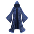 Adult Women Wizard Hooded Robe, Blue Gold Foil Velvet Witch Cloak, 150cm‑170cm Shoulder‑to‑Hem Long Cape for Sorceress Halloween Cosplay