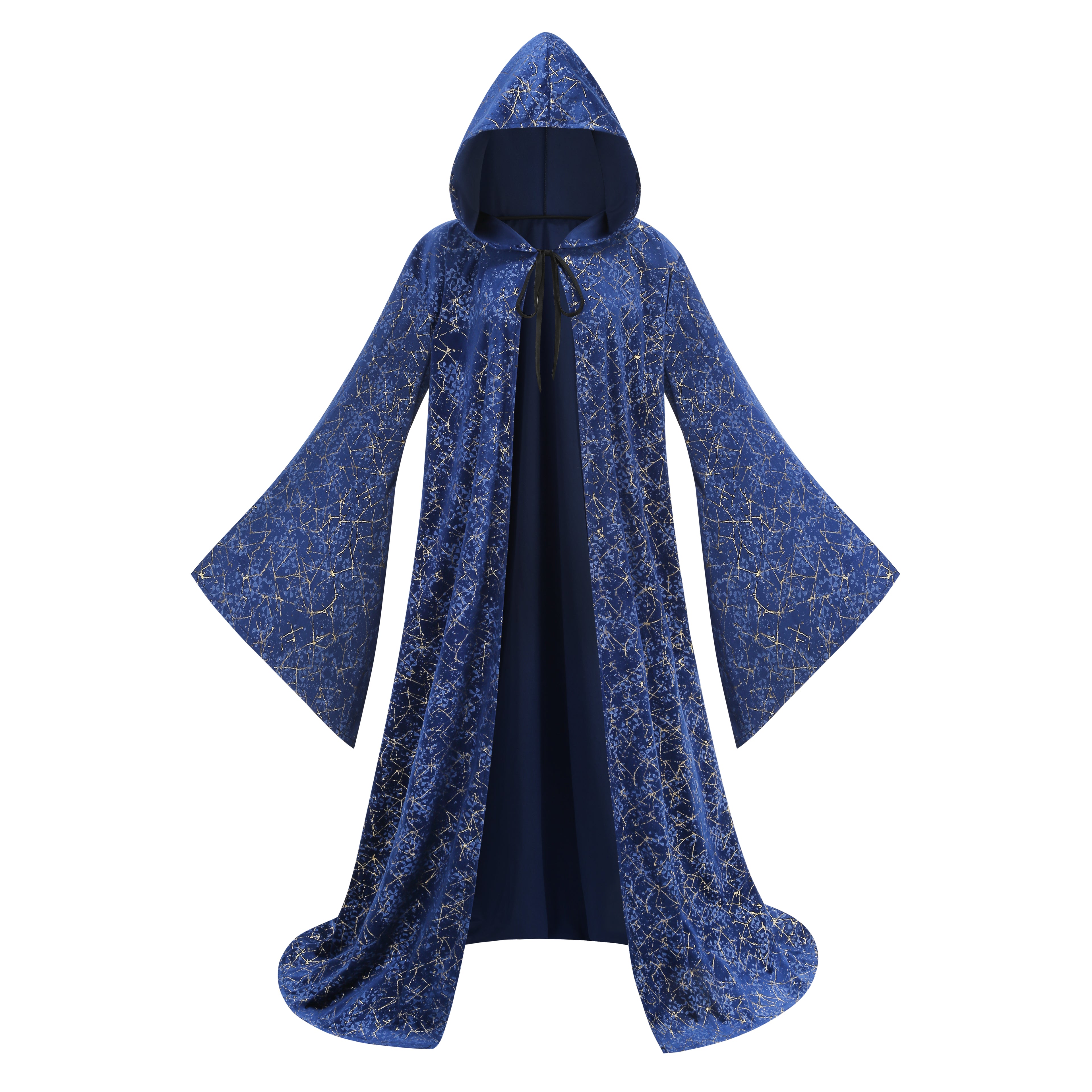 Adult Women Wizard Hooded Robe, Blue Gold Foil Velvet Witch Cloak, 150cm‑170cm Shoulder‑to‑Hem Long Cape for Sorceress Halloween Cosplay