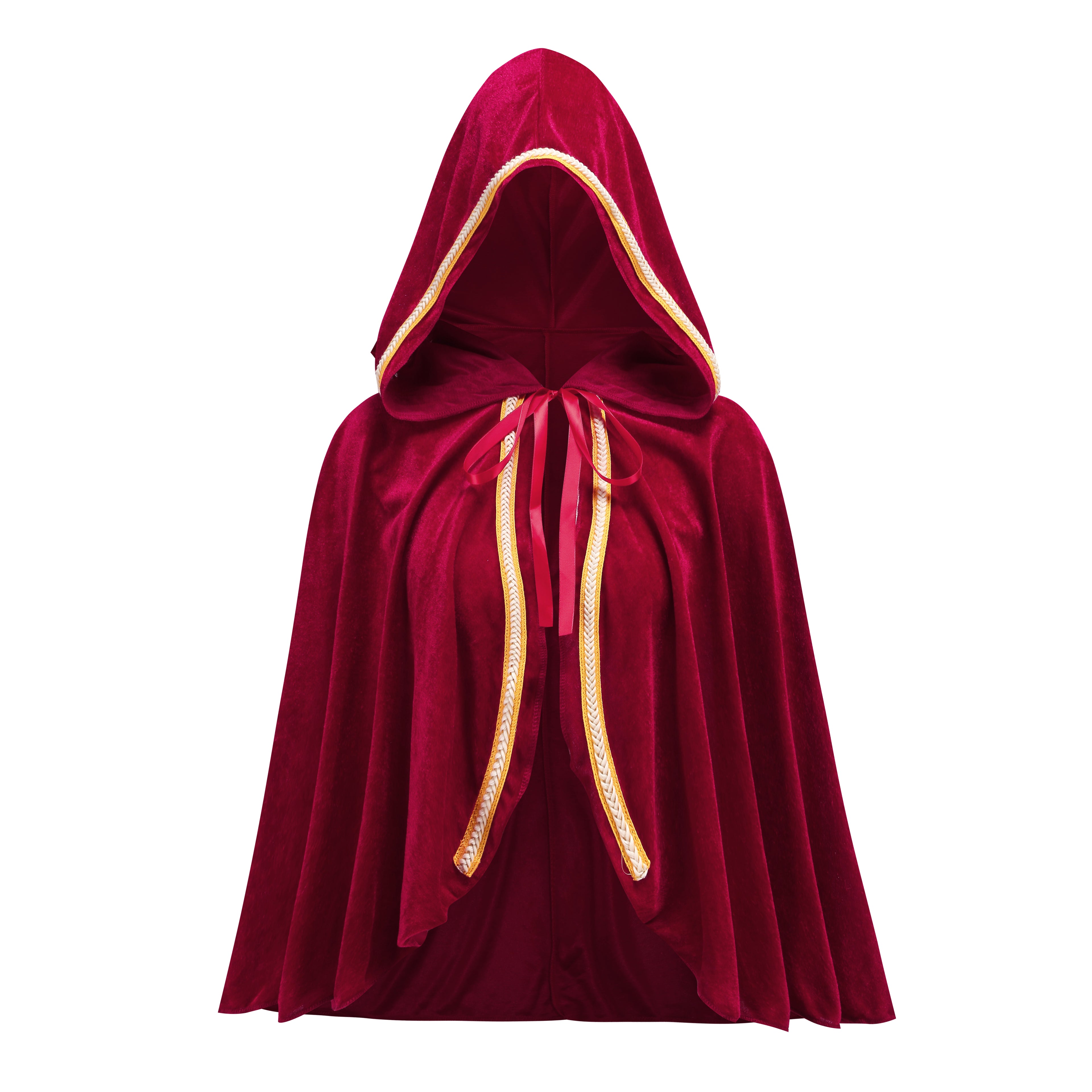 Adult Little Red Riding Hood Hooded Cape With Braided Trim, Bright Red & Wine Red Cloak 60‑65‑70cm Shoulder‑to‑Hem for Halloween Fairy Tale Cosplay
