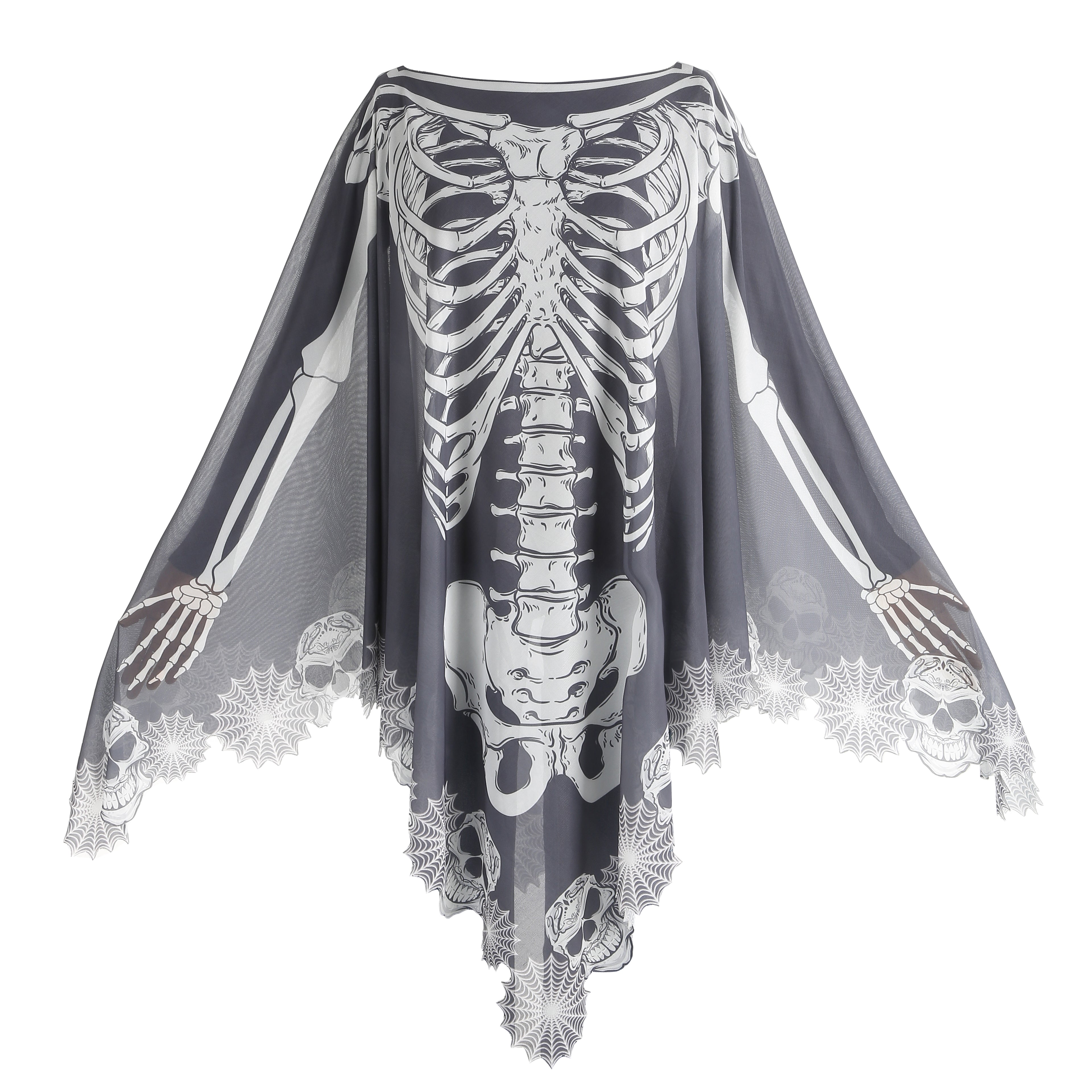 Custom Skeleton Poncho Cape 2‑Piece Set 1.5M×1.5M, Spider Web / Bone Trim, Black Grey White, Halloween Skull Cosplay Party Costume Outfit