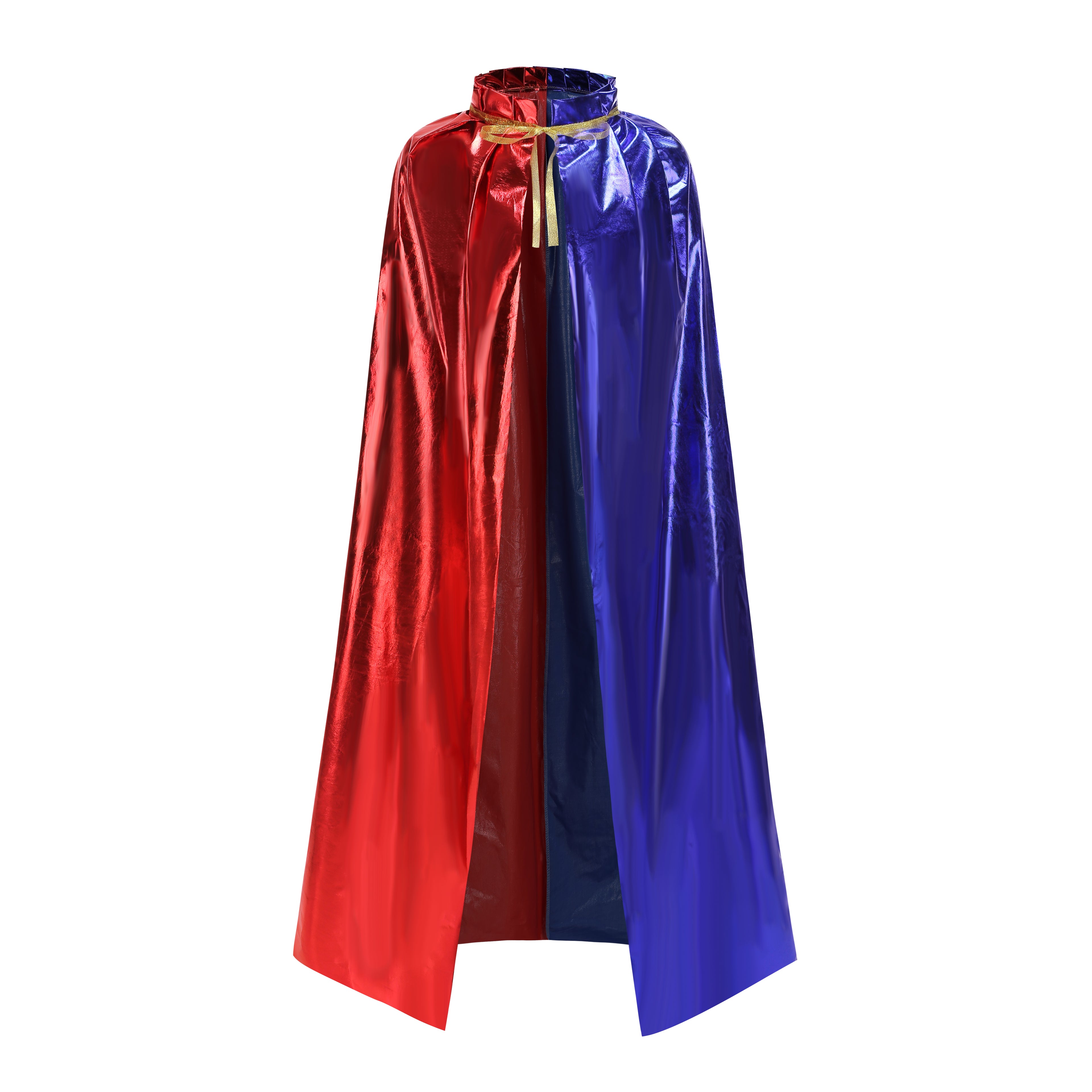 Custom Metallic Stand‑Up Collar Cape With Tie‑Strap 115CM 125CM 145CM 155CM Red‑Blue Black‑Silver Champagne Cosplay Cloak For Halloween Party