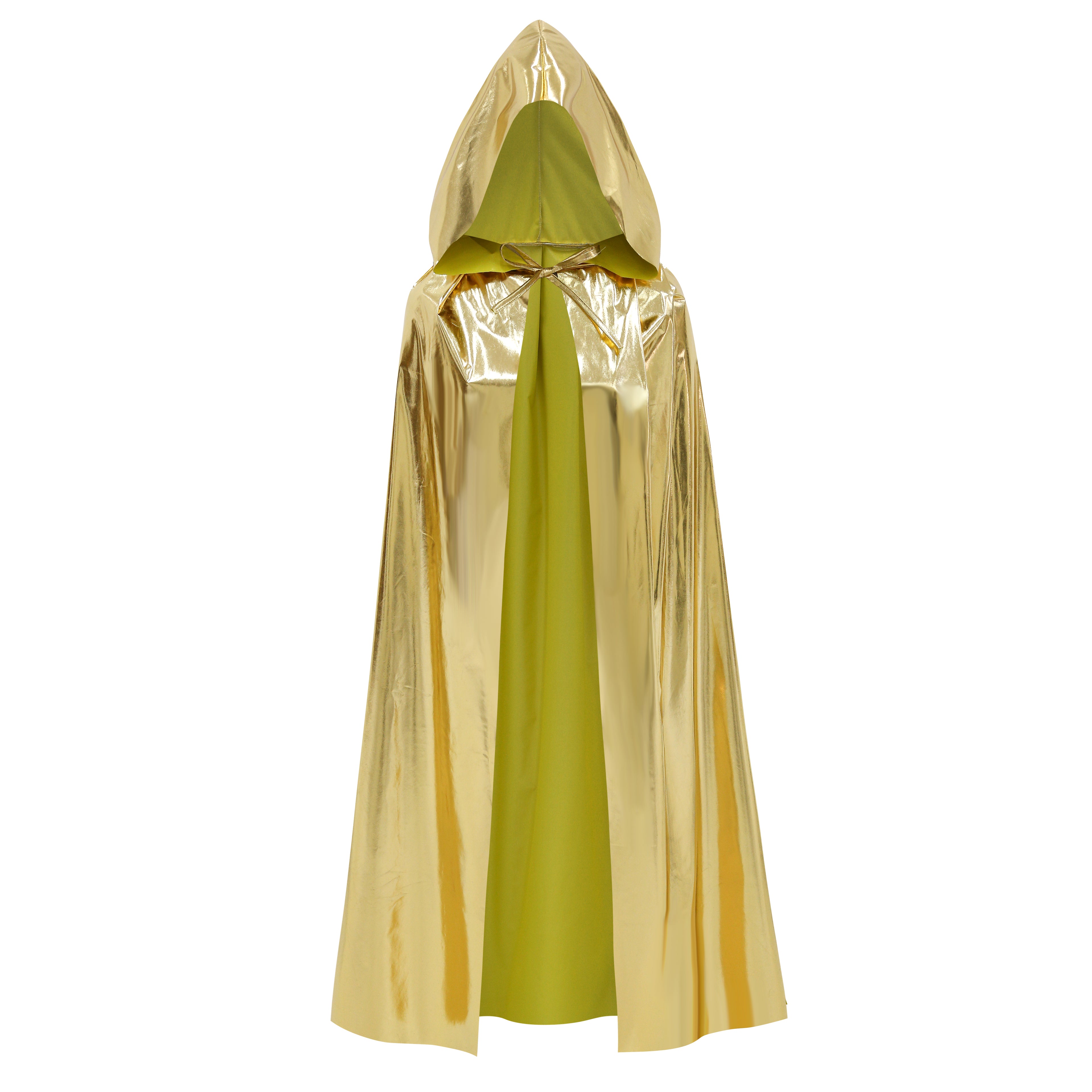 Custom Metallic Gold Hooded Cape With Neck Tie‑Strap 115CM 125CM 145CM 155CM Shiny Cosplay Cloak For Halloween Fantasy Theme Party