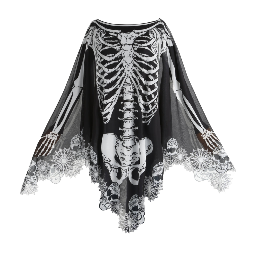 A black sheer poncho-style garment with a large white skeleton rib cage and skull print, plus lace trim along the hem and sleeves, shown on a plain white background.