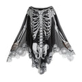 A black sheer poncho-style garment with a large white skeleton rib cage and skull print, plus lace trim along the hem and sleeves, shown on a plain white background.
