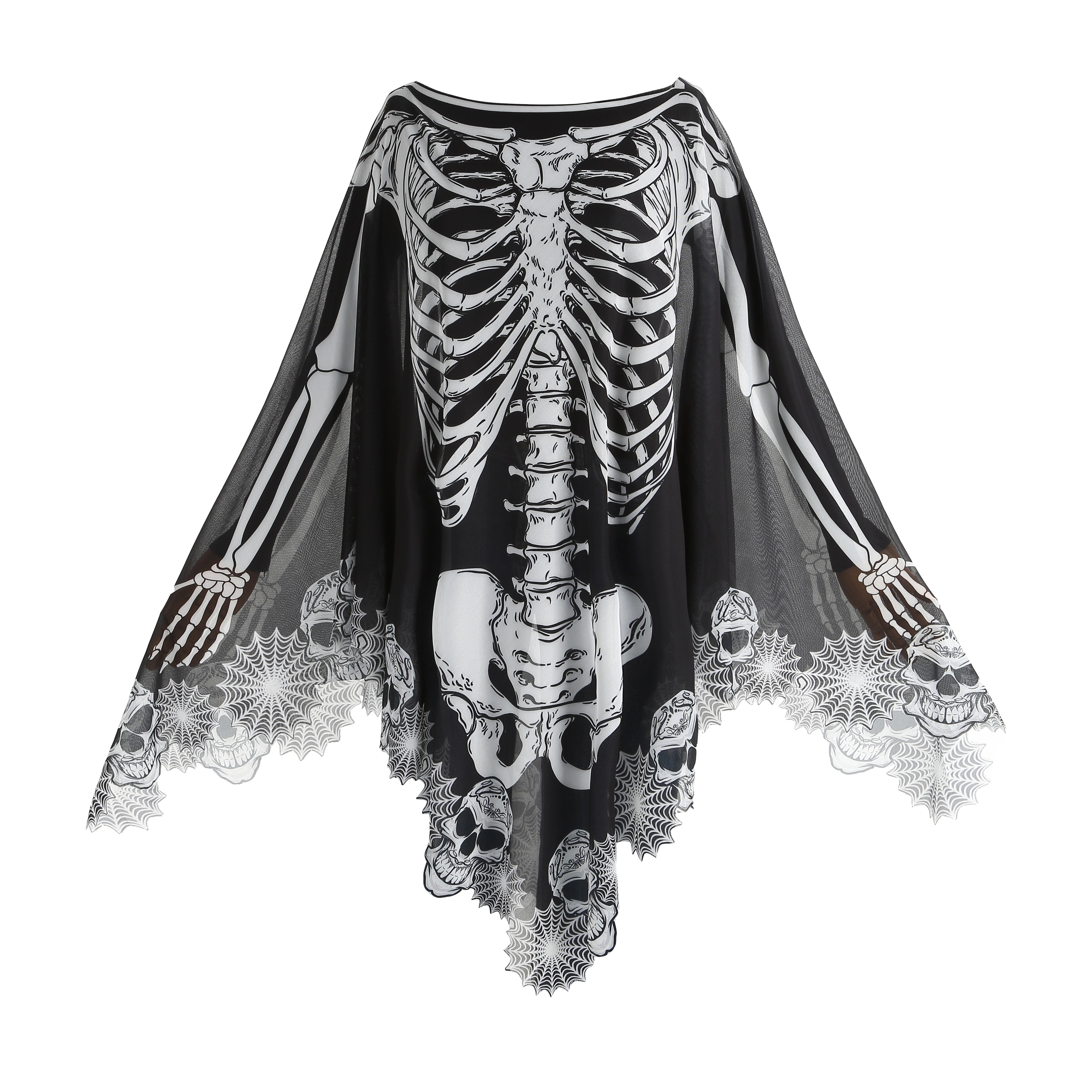 Custom Skeleton Poncho Cape 2‑Piece Set 1.5M×1.5M, Spider Web / Bone Trim, Black Grey White, Halloween Skull Cosplay Party Costume Outfit