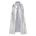 A shiny silver cape with a high gathered neck and drawstring, shown against a plain white background.