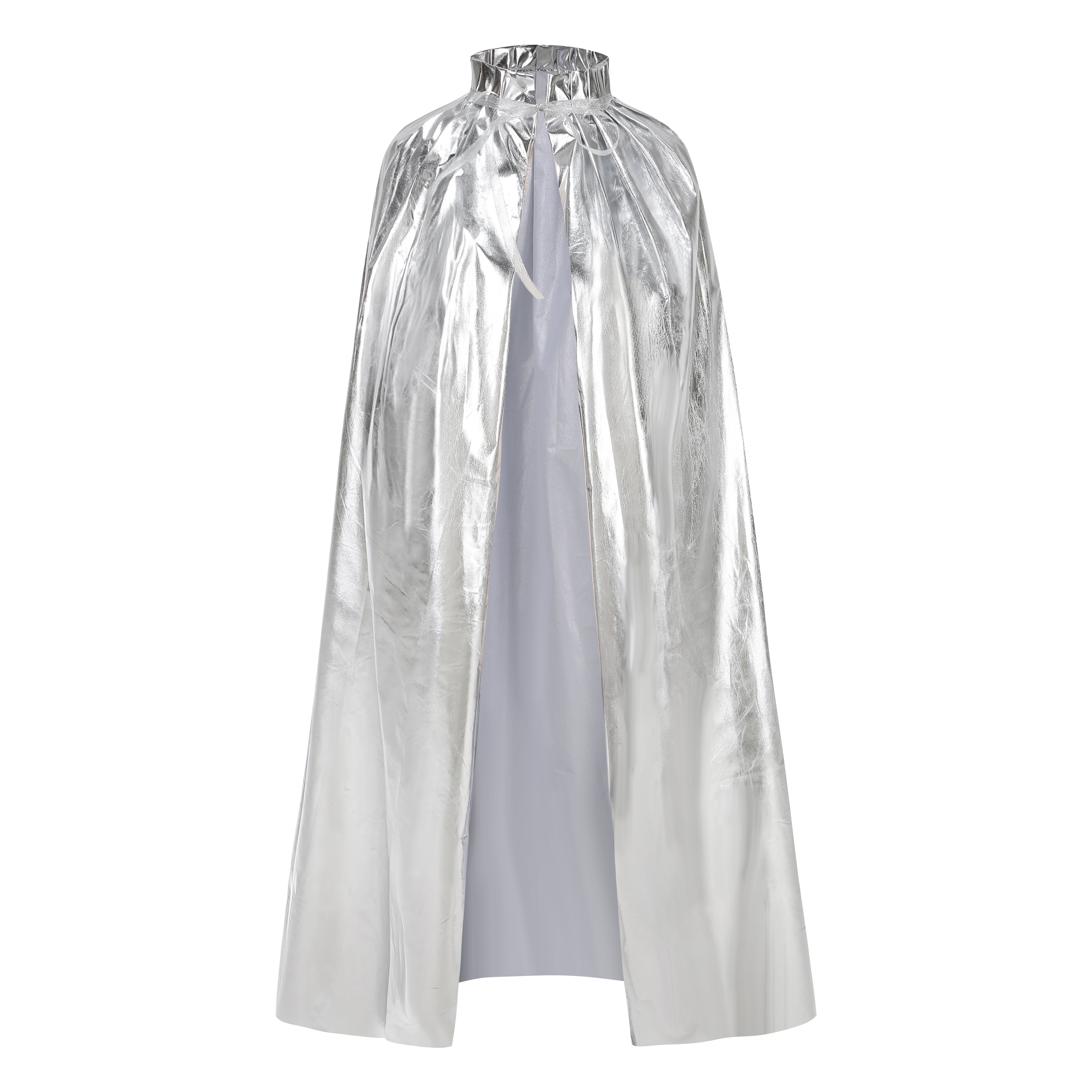 Custom Metallic Collar‑Less Cape With Neck Tie Strap 115‑155CM Silver Blue Gold Shiny Cosplay Cloak For Halloween Fancy Theme Party