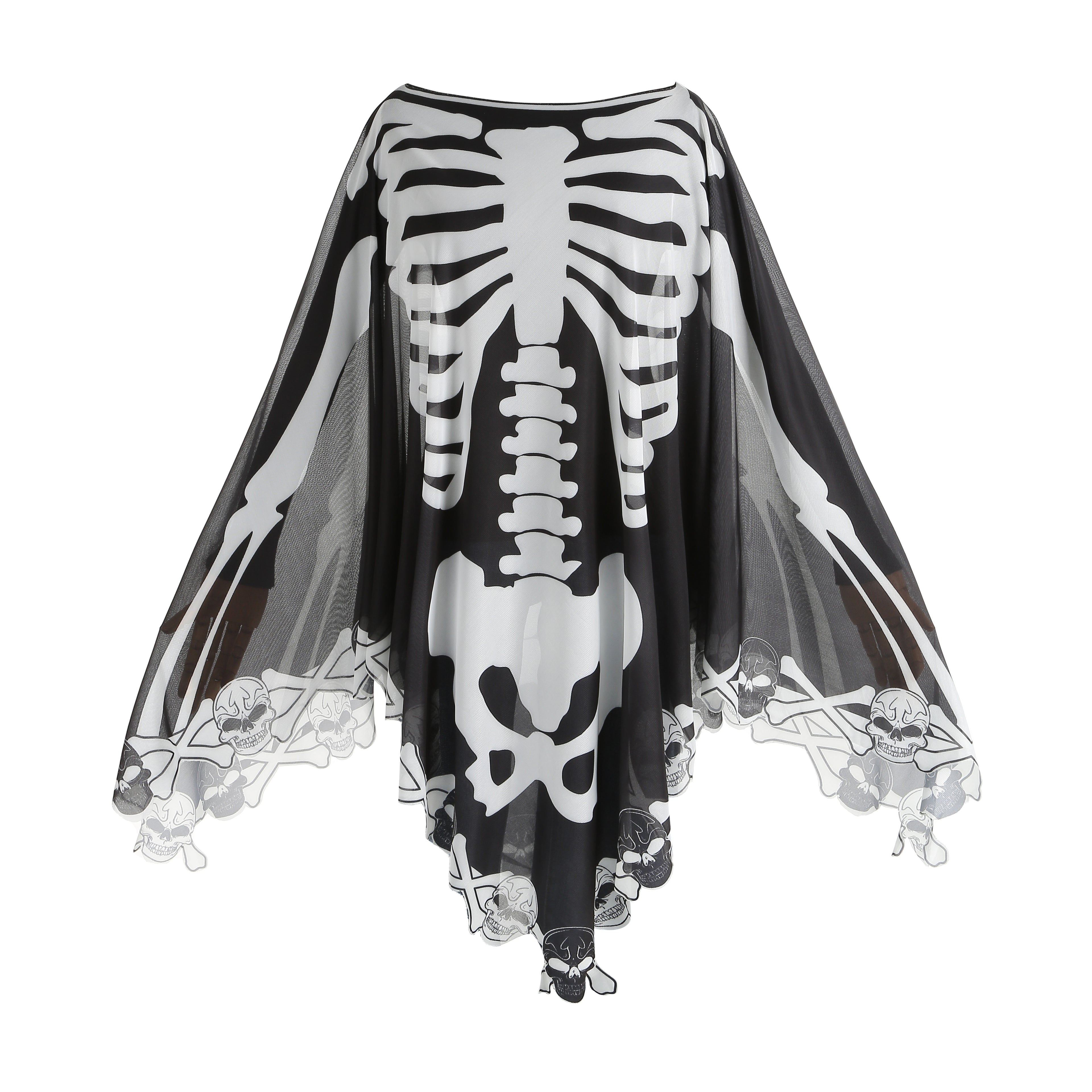 Custom Skeleton Poncho Cape 2‑Piece Set 1.5M×1.5M, Spider Web / Bone Trim, Black Grey White, Halloween Skull Cosplay Party Costume Outfit