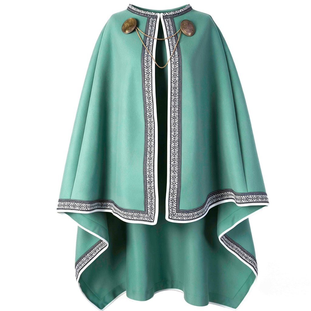 Women Medieval Celtic Cape Cloak 100cm, 3‑Piece Set with Brooches & Chain, Renaissance LARP Cosplay Costume for Adult