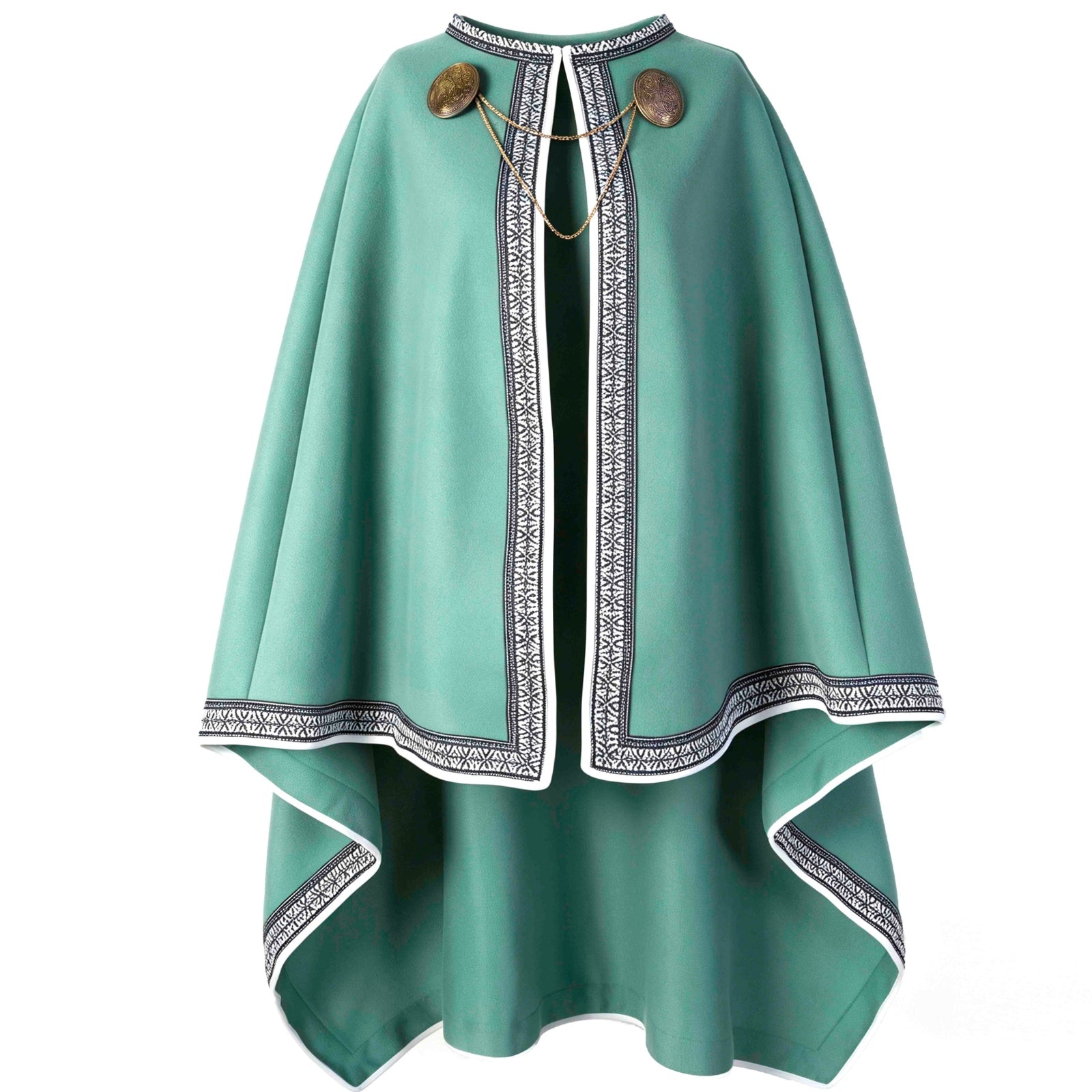 Women Medieval Celtic Cape Cloak 100cm, 3‑Piece Set with Brooches & Chain, Renaissance LARP Cosplay Costume for Adult