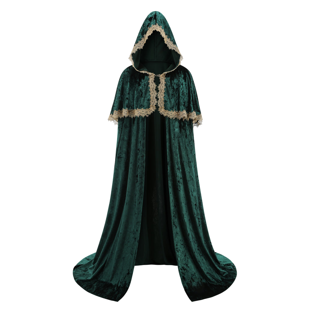 A dark green velvet hooded cloak with beige lace trim, displayed on a solid white background.