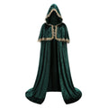 A dark green velvet hooded cloak with beige lace trim, displayed on a solid white background.