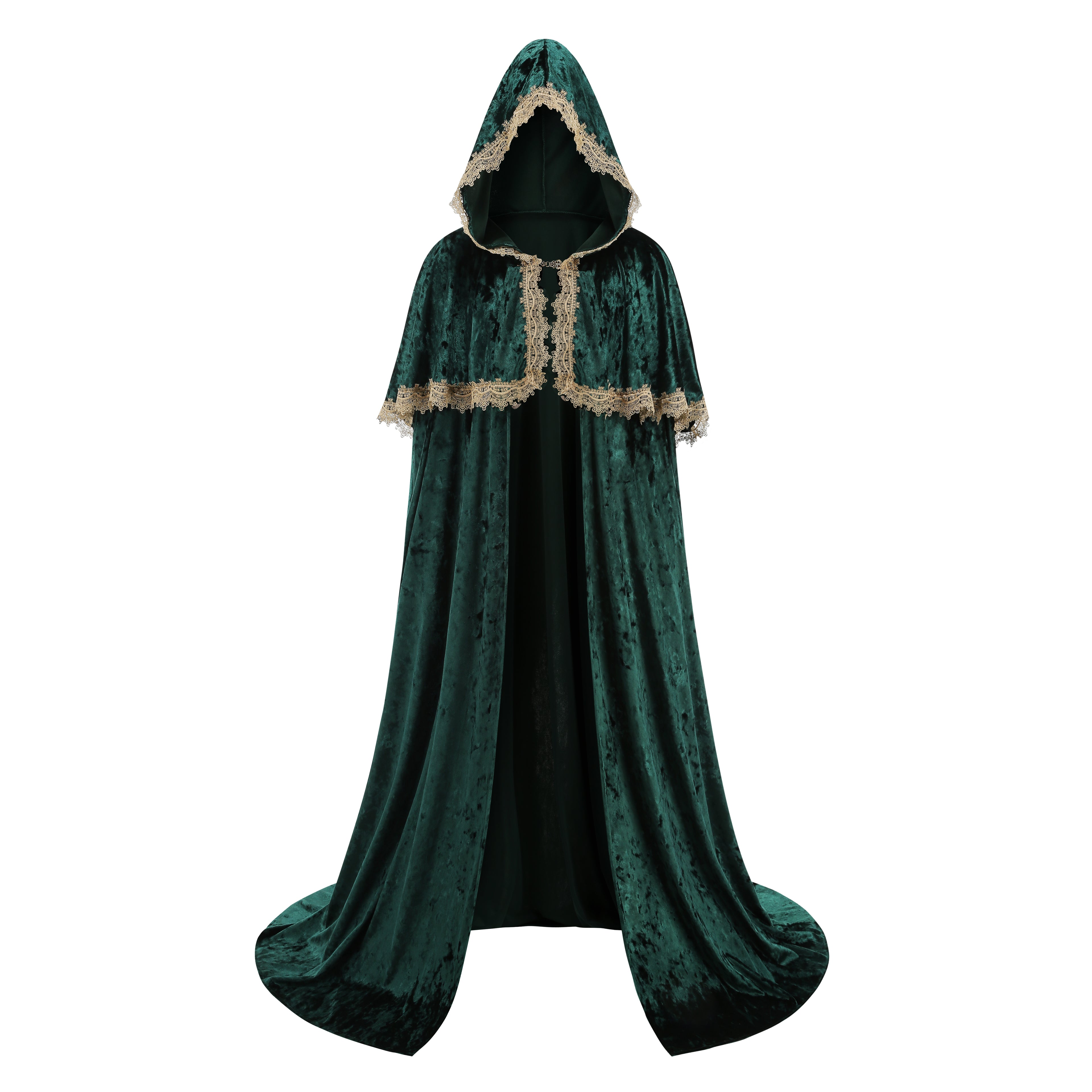 Medieval Velvet Hooded Cloak Renaissance Lace Trim Cape with Shoulder Shawl Collar Robe Halloween Party LARP Outfit