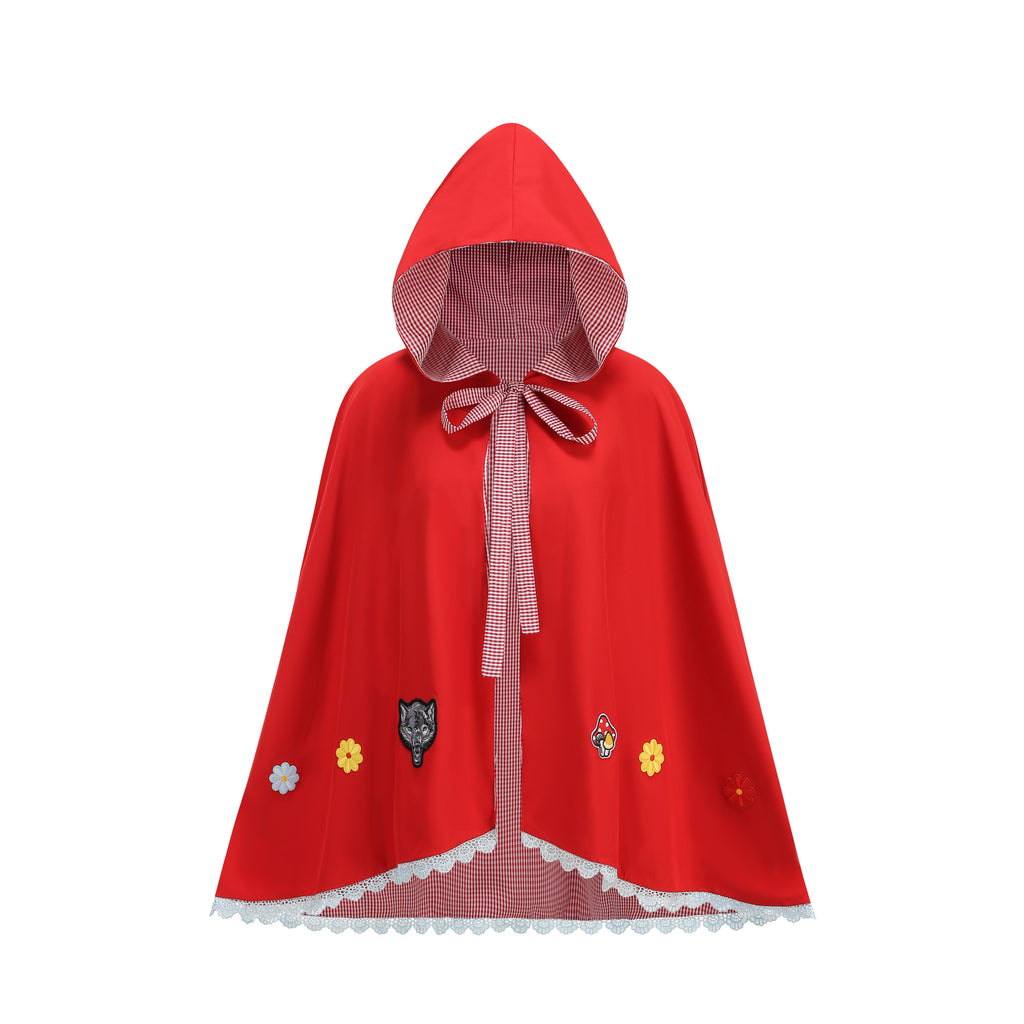 A red hooded cape with a pink-and-white gingham lining, featuring a matching bow at the neck, embroidered flowers and a black cat motif near the hem, and a white scalloped edge.