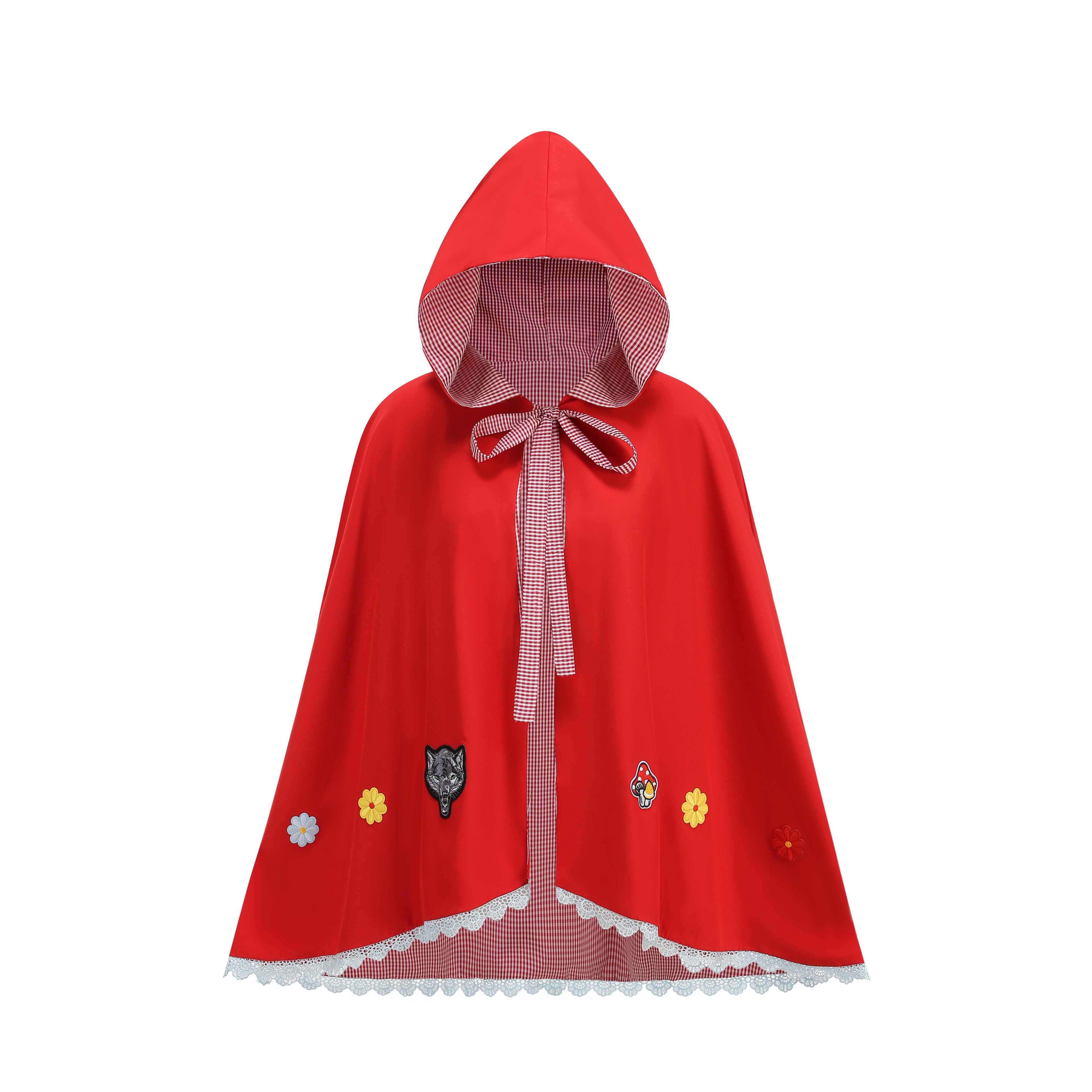 Adult Little Red Riding Hood Hooded Cape, Embroidered Patch Red Cloak for Fairy Tale Cosplay Halloween Party, 60cm Shoulder‑to‑Hem