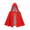 Adult Little Red Riding Hood Cape Poncho Style, Floral Lining Wolf Patch Red Cloak 60cm Shoulder‑to‑Hem for Fairy Tale Halloween Cosplay