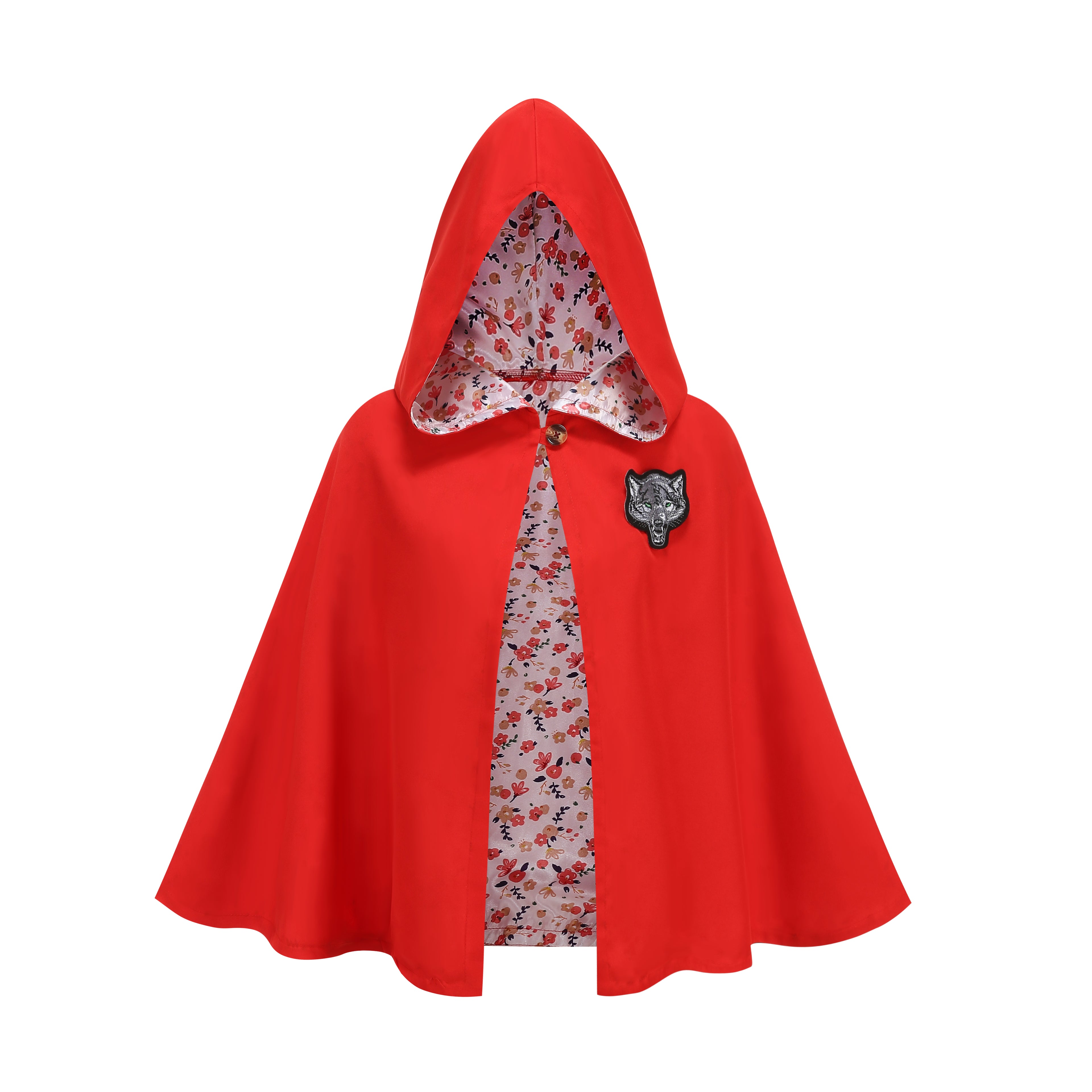 Adult Little Red Riding Hood Cape Poncho Style, Floral Lining Wolf Patch Red Cloak 60cm Shoulder‑to‑Hem for Fairy Tale Halloween Cosplay