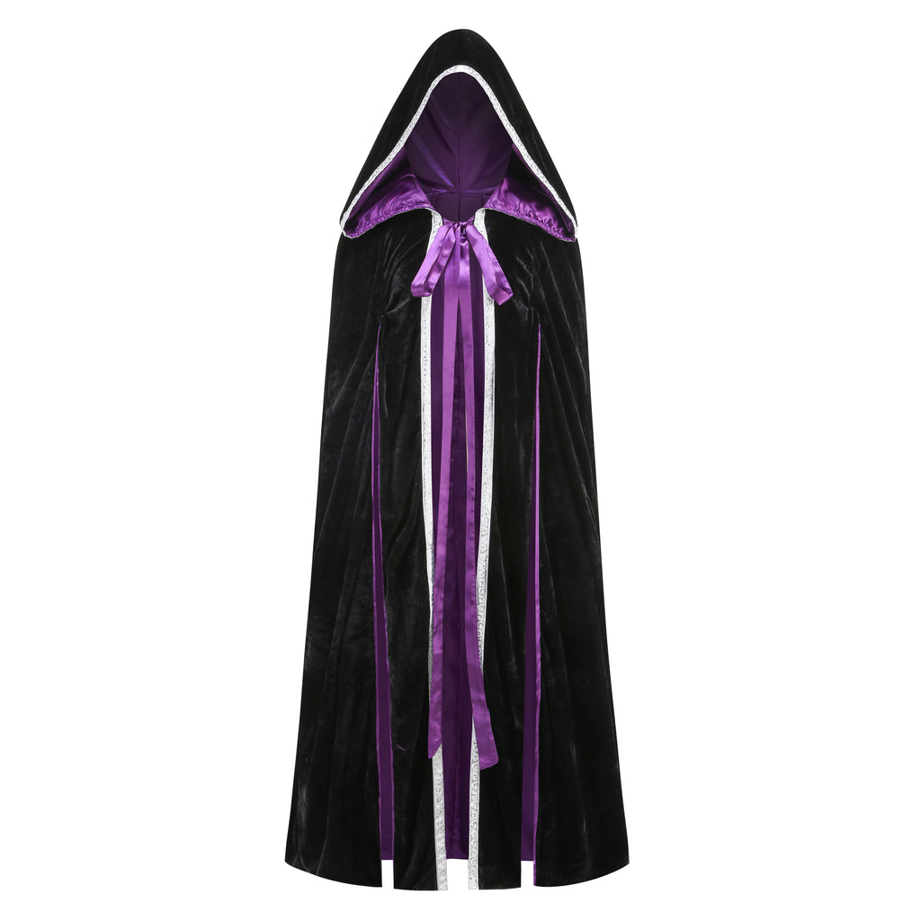 A black velvet hooded cape with a purple satin lining, double tie-front bow, and vertical purple satin stripes with white trim, shown on a plain white background.