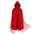 Adult Little Red Riding Hood Hooded Cape, Velvet Tulle Overlay Red Cloak 120cm Shoulder‑to‑Hem for Fairy Tale Halloween Cosplay