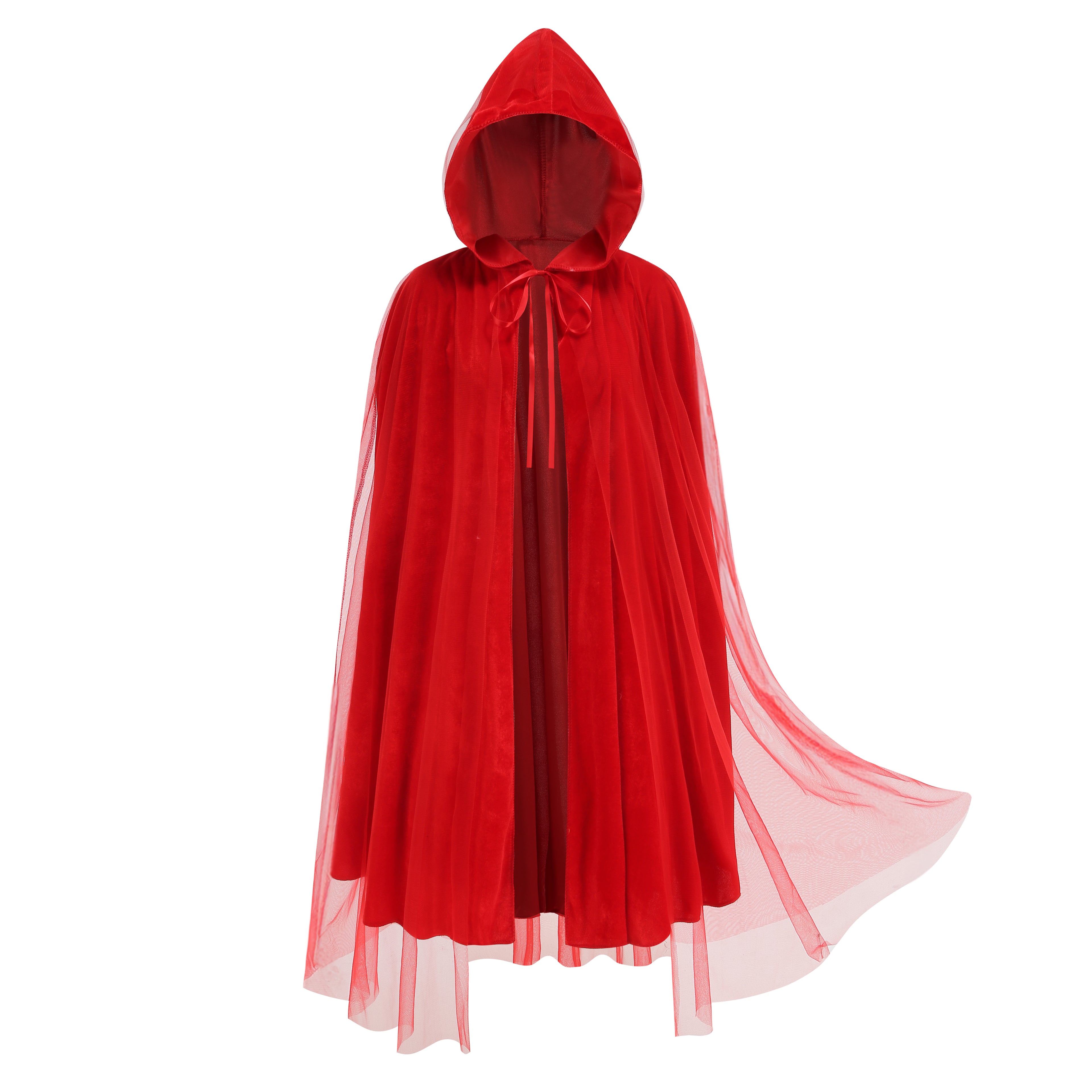 Adult Little Red Riding Hood Hooded Cape, Velvet Tulle Overlay Red Cloak 120cm Shoulder‑to‑Hem for Fairy Tale Halloween Cosplay