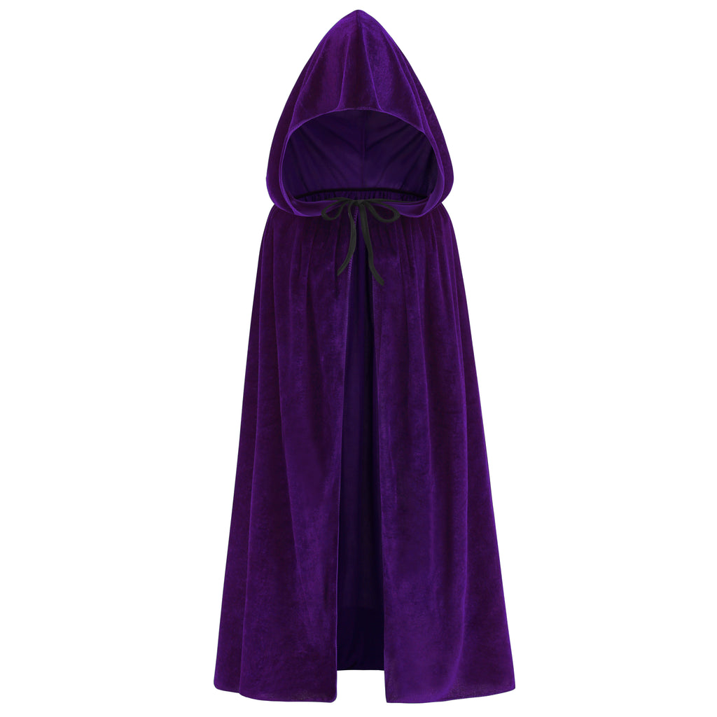 Adult Purple Velvet Hooded Cape Witch 2‑Piece Set, Long Cloak with Masquerade Mask for Halloween Cosplay Party, 110‑170cm