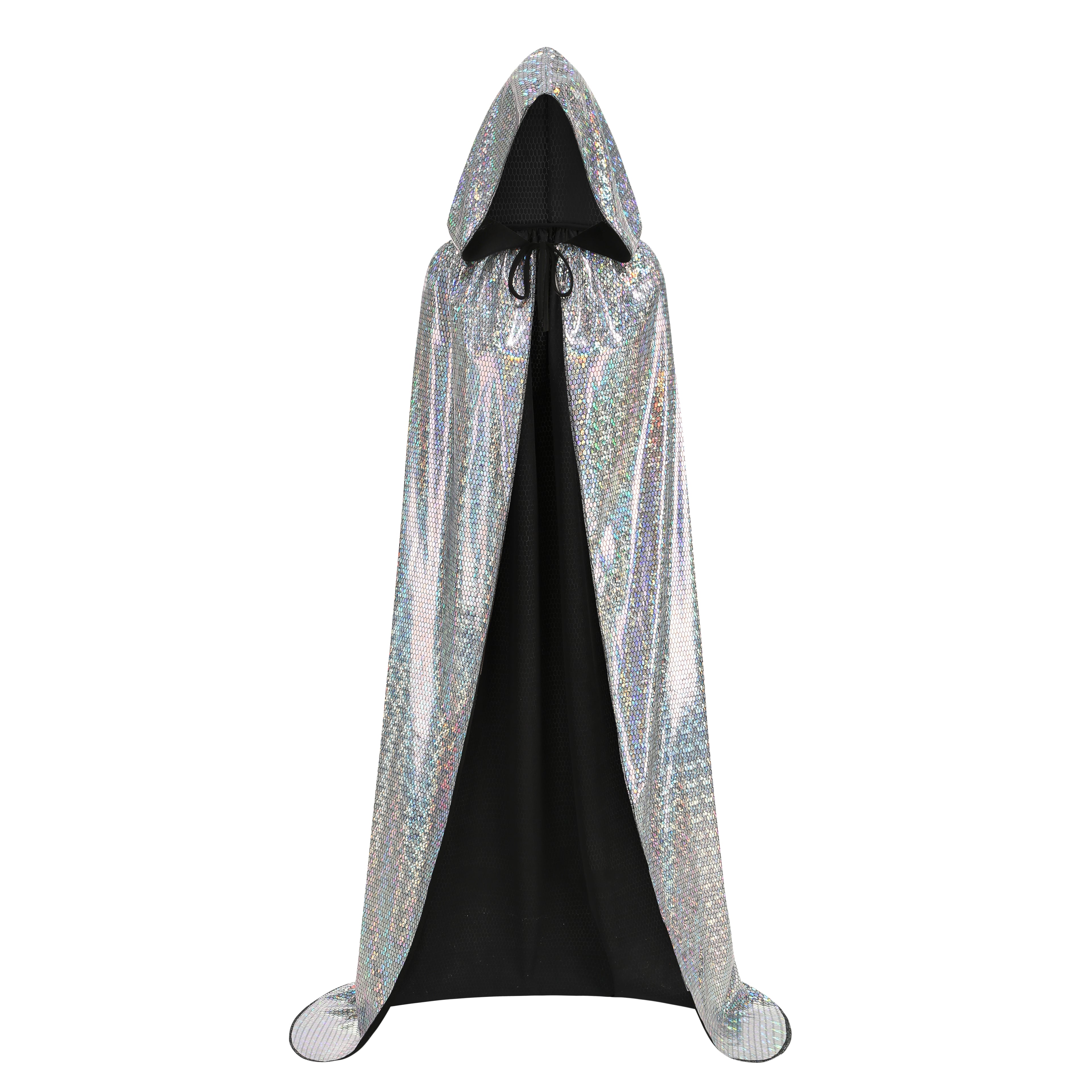 Custom Hexagonal Holographic Silver Hooded Cape for Adults, Double‑Layer Shiny Metallic Cloak 120‑160CM Halloween Rave Festival Cosplay Costume