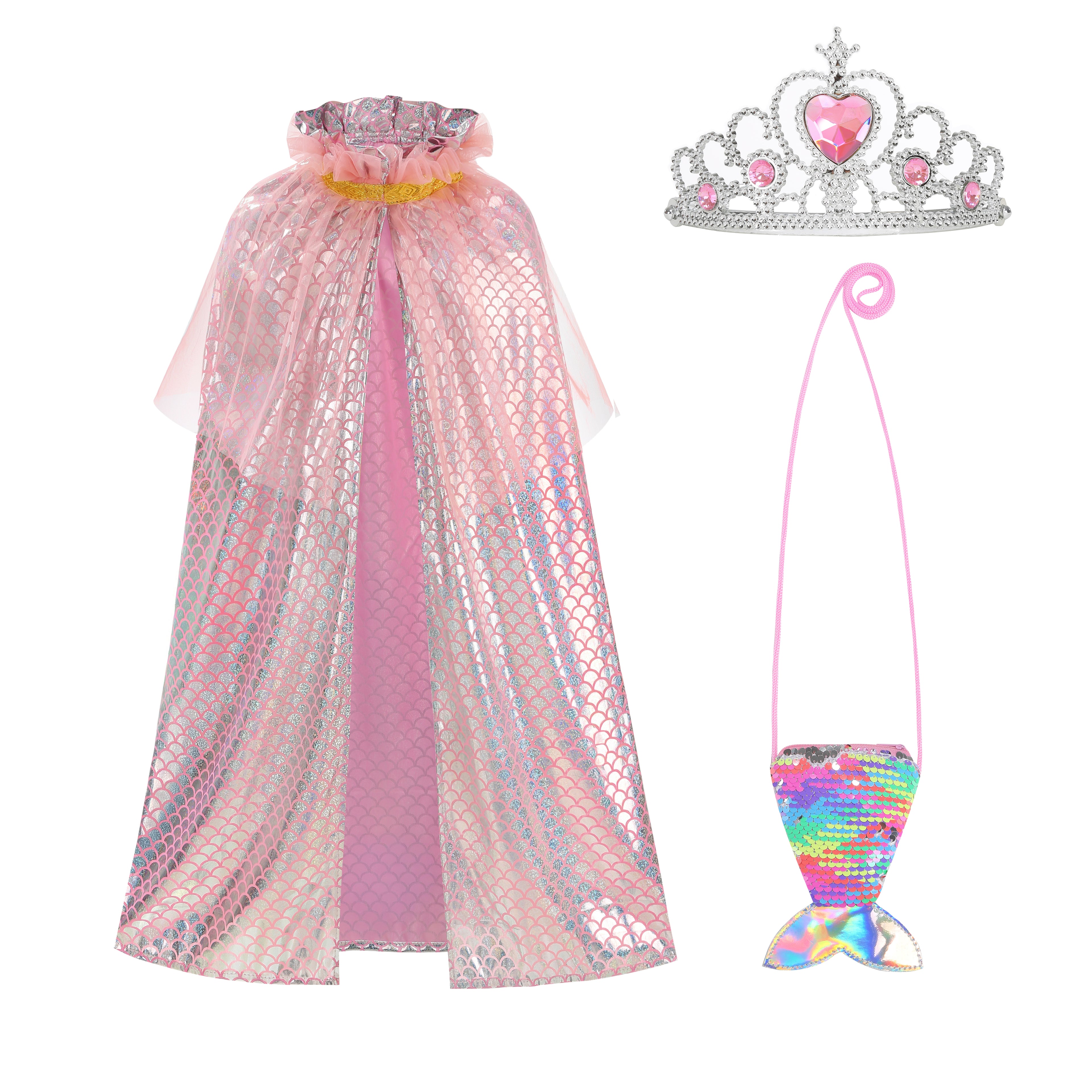Kids Mermaid Princess Cape 7‑Piece Costume Set Pink 80CM, Scale Print Cloak with Crown Jewelry Sequin Bag, Girls Halloween Birthday Dress‑Up Kit Meta description