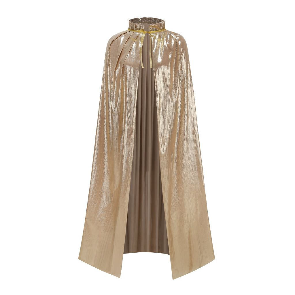 Custom Metallic Stand‑Up Collar Cape With Tie‑Strap 115CM 125CM 145CM 155CM Red‑Blue Black‑Silver Champagne Cosplay Cloak For Halloween Party