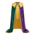 Adult Mardi Gras King Lace Trim Cape, Tricolor Green‑Purple‑Gold Velvet Cloak 150‑170CM, Carnival Royal Cosplay Party Costume