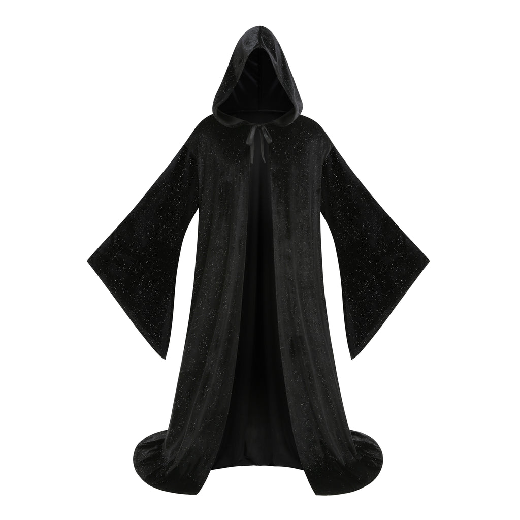 Adult Wizard Hooded Robe Cloak, Sparkle Velvet Wizard Cape With Gold Trim, 140cm‑160cm Shoulder‑to‑Hem for Warlock Sorcerer Halloween Cosplay