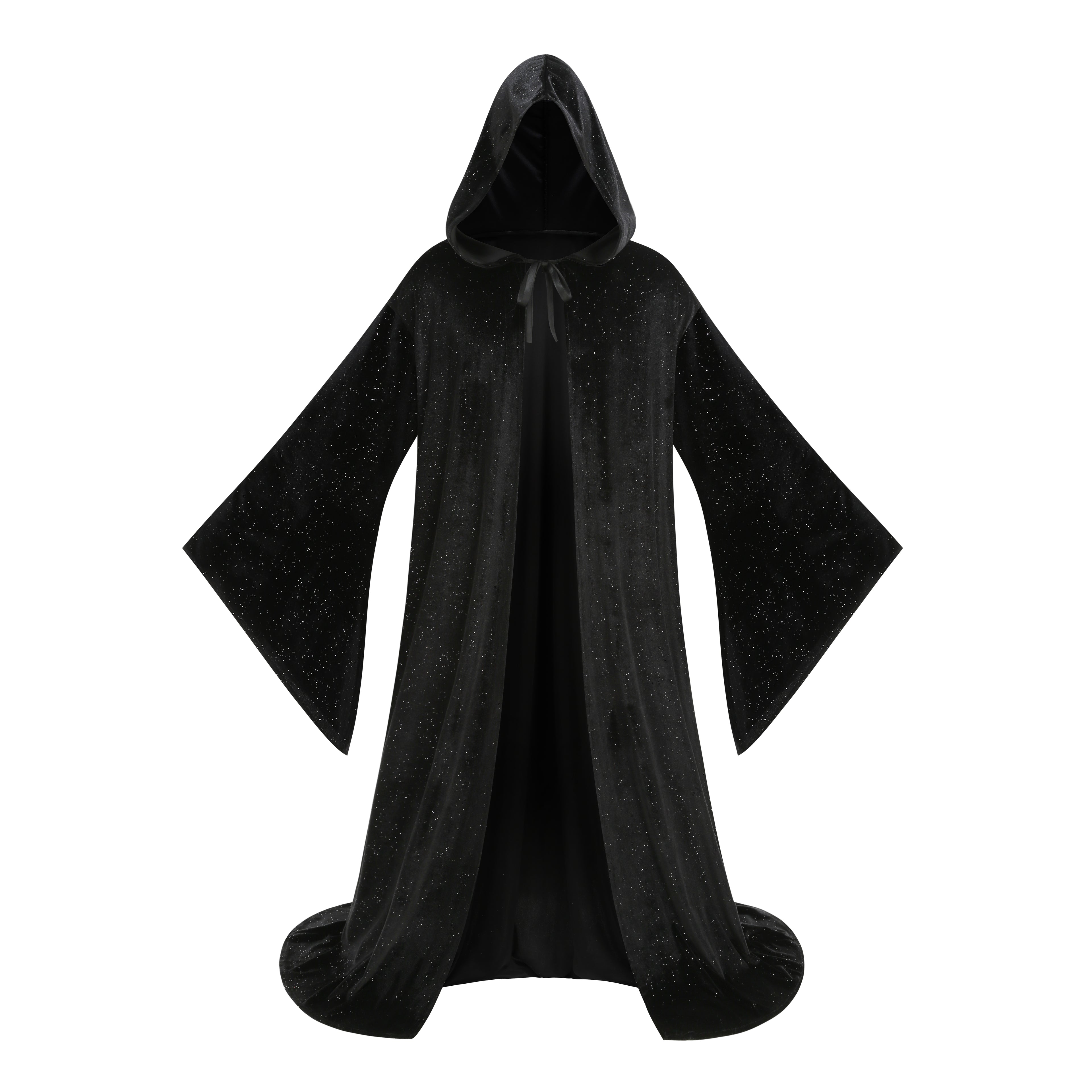 Adult Wizard Hooded Robe Cloak, Sparkle Velvet Wizard Cape With Gold Trim, 140cm‑160cm Shoulder‑to‑Hem for Warlock Sorcerer Halloween Cosplay