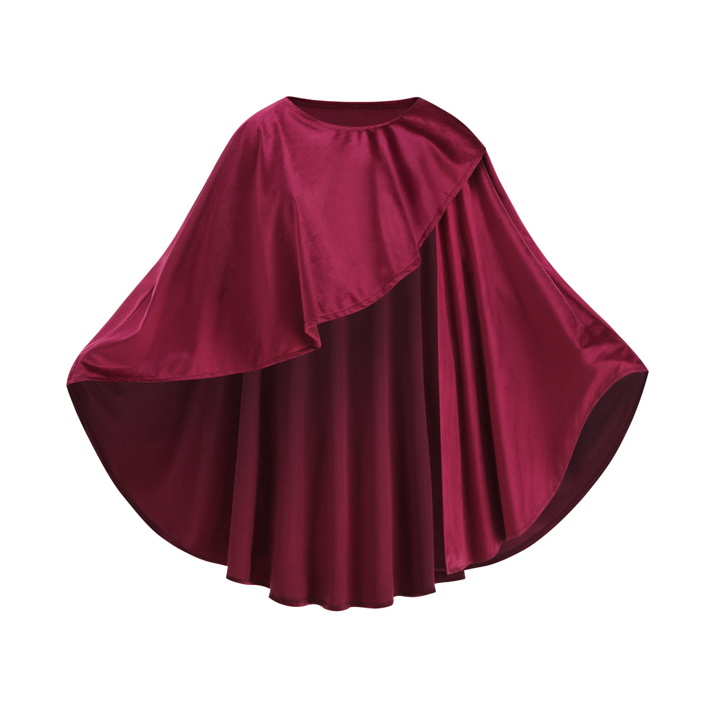 A burgundy satin cape with an asymmetrical draped design, displayed against a solid white background.