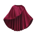 A burgundy satin cape with an asymmetrical draped design, displayed against a solid white background.