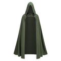 An olive green hooded cloak with a central opening, displayed on a solid white background.