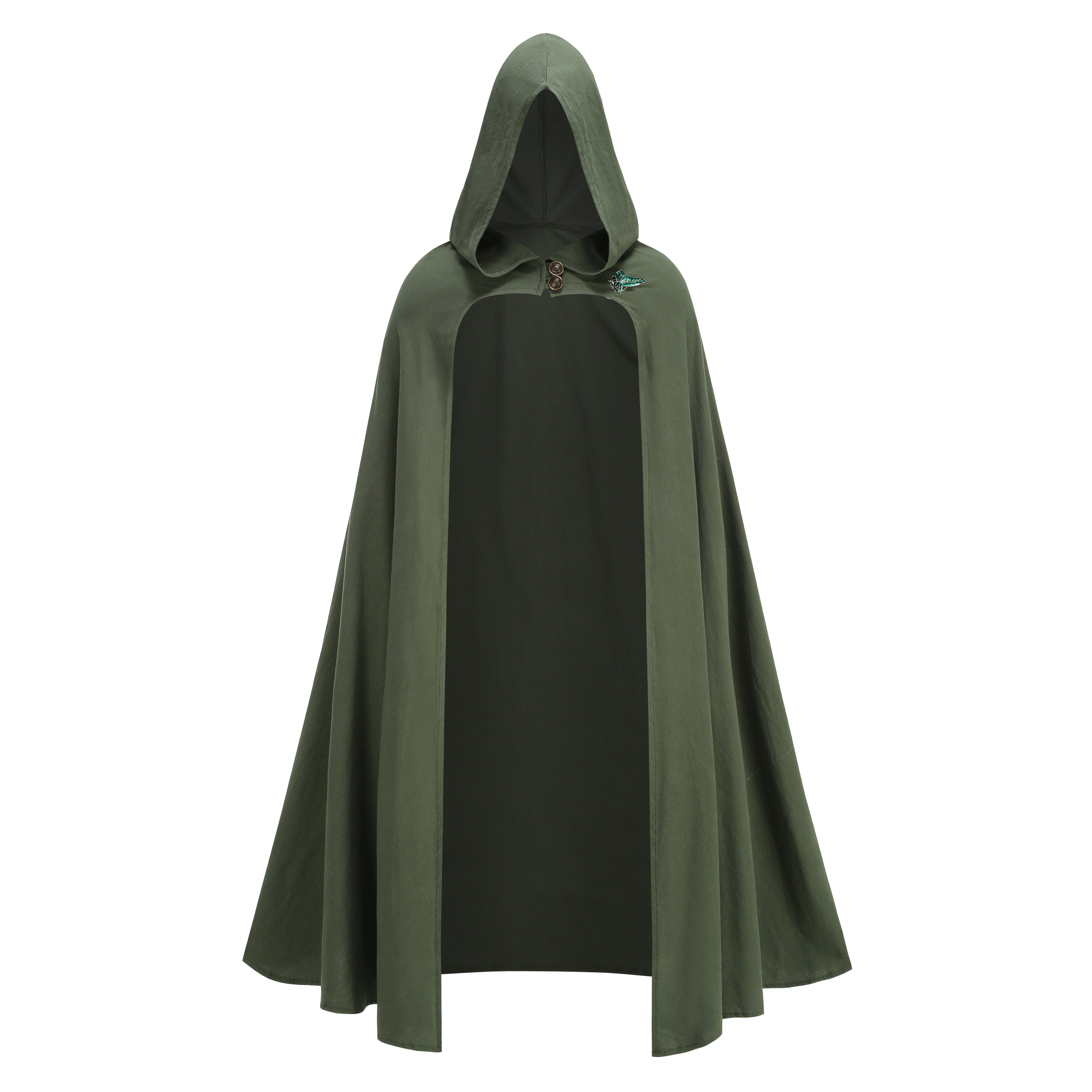 Adult Medieval Hooded Cloak Green Renaissance Cape with Leaf Brooch Knight Hunter Elf Halloween Costume