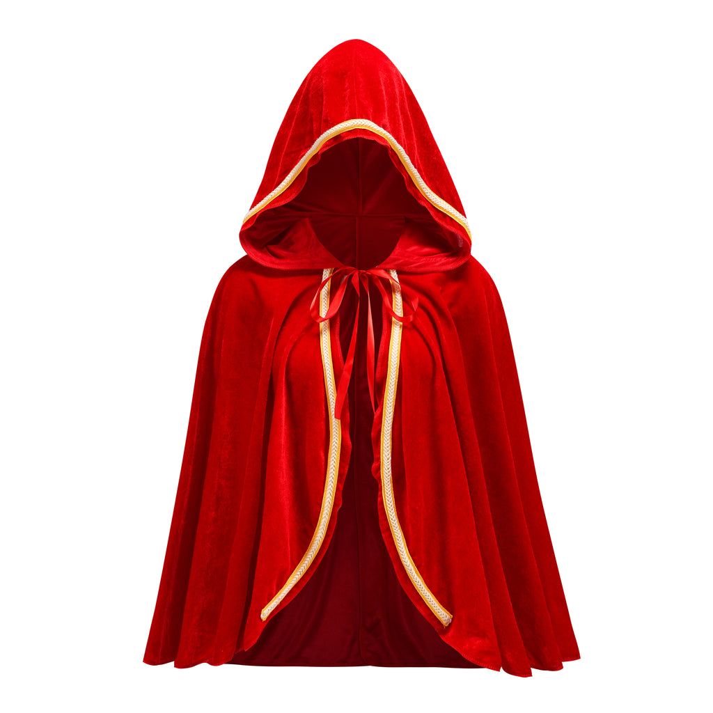 Adult Little Red Riding Hood Hooded Cape With Braided Trim, Bright Red & Wine Red Cloak 60‑65‑70cm Shoulder‑to‑Hem for Halloween Fairy Tale Cosplay
