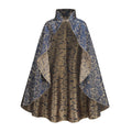 A medieval-style cape with a high mock neck collar, featuring a blue and gold scrollwork pattern on the outer fabric and a matching patterned lining.