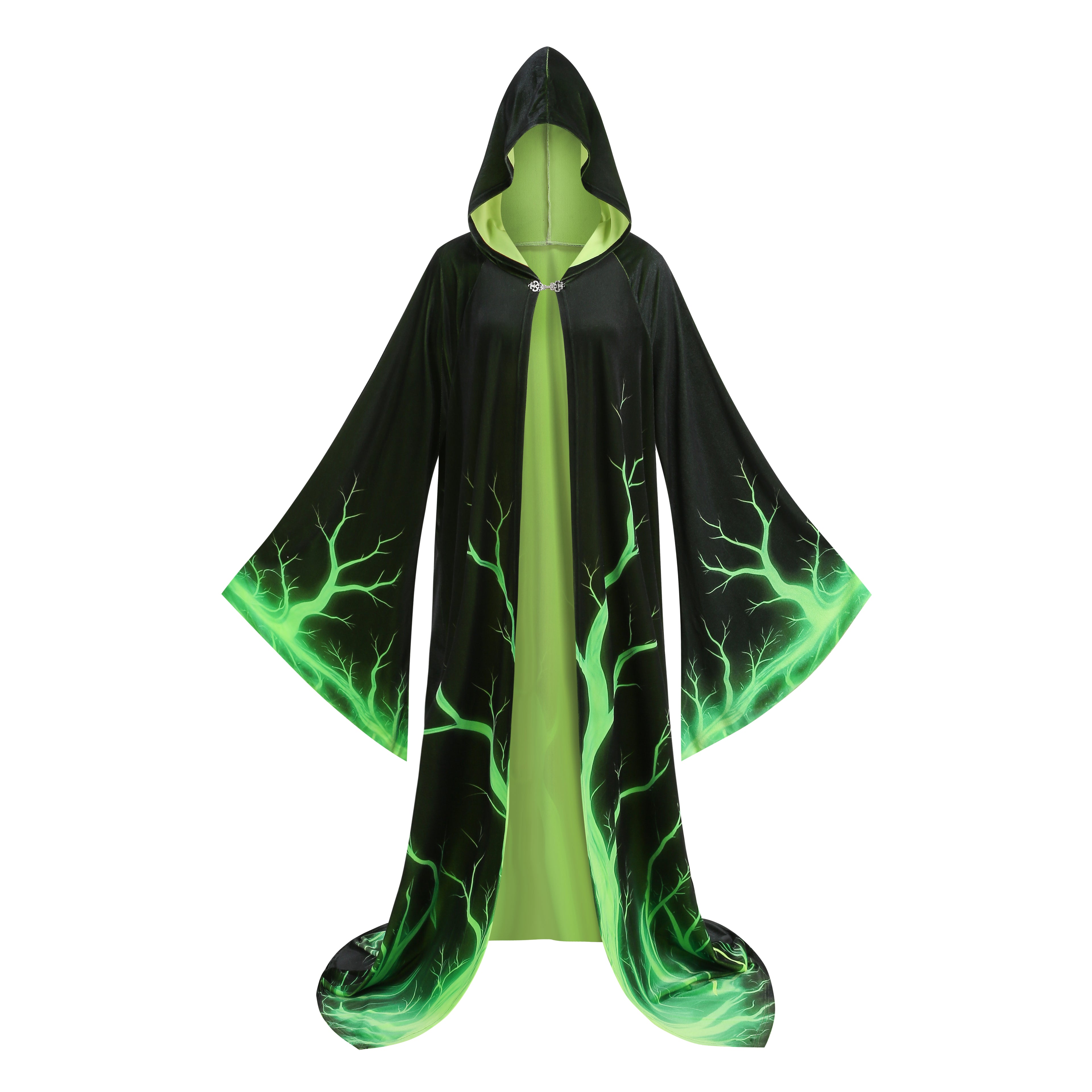 Adult Men Wizard Hooded Robe, Black Cloak With Green Tree Branch Print, 150cm‑170cm Shoulder‑to‑Hem Sorcerer Cape for Halloween Cosplay