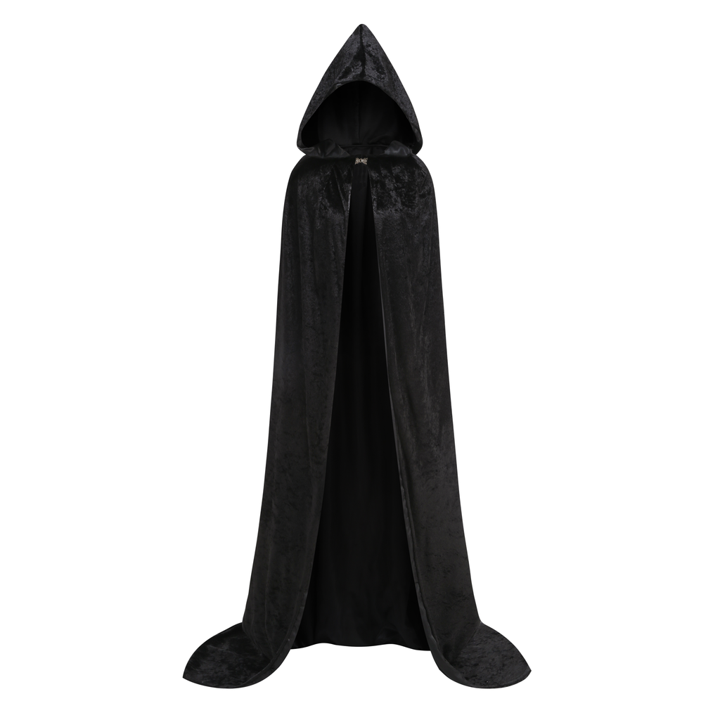 Adult Black Velvet Hooded Wizard Cape With Metal Clasp, 150cm Shoulder‑to‑Hem Medieval Cloak for Witch Warlock Halloween Cosplay