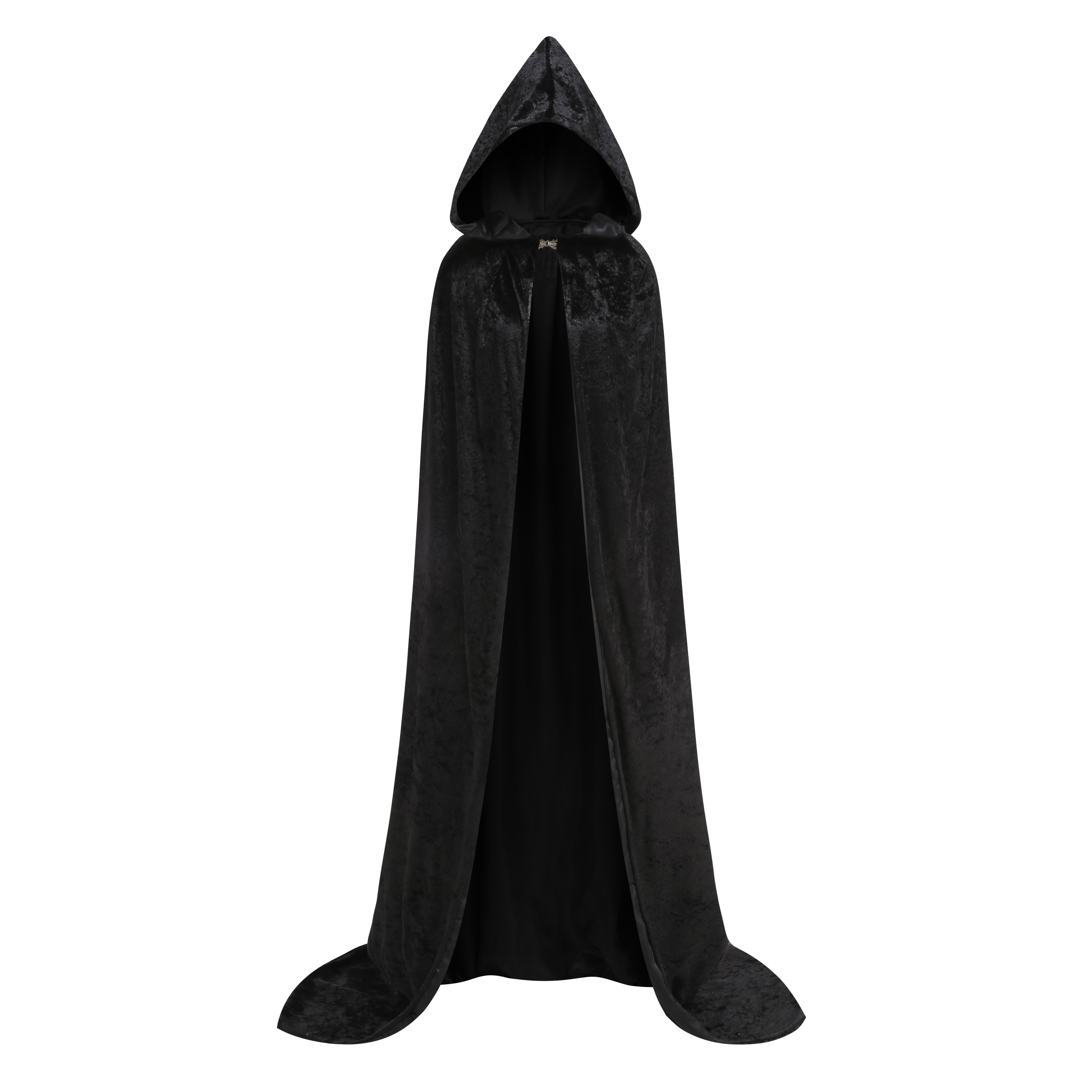 Adult Black Velvet Hooded Wizard Cape With Metal Clasp, 150cm Shoulder‑to‑Hem Medieval Cloak for Witch Warlock Halloween Cosplay