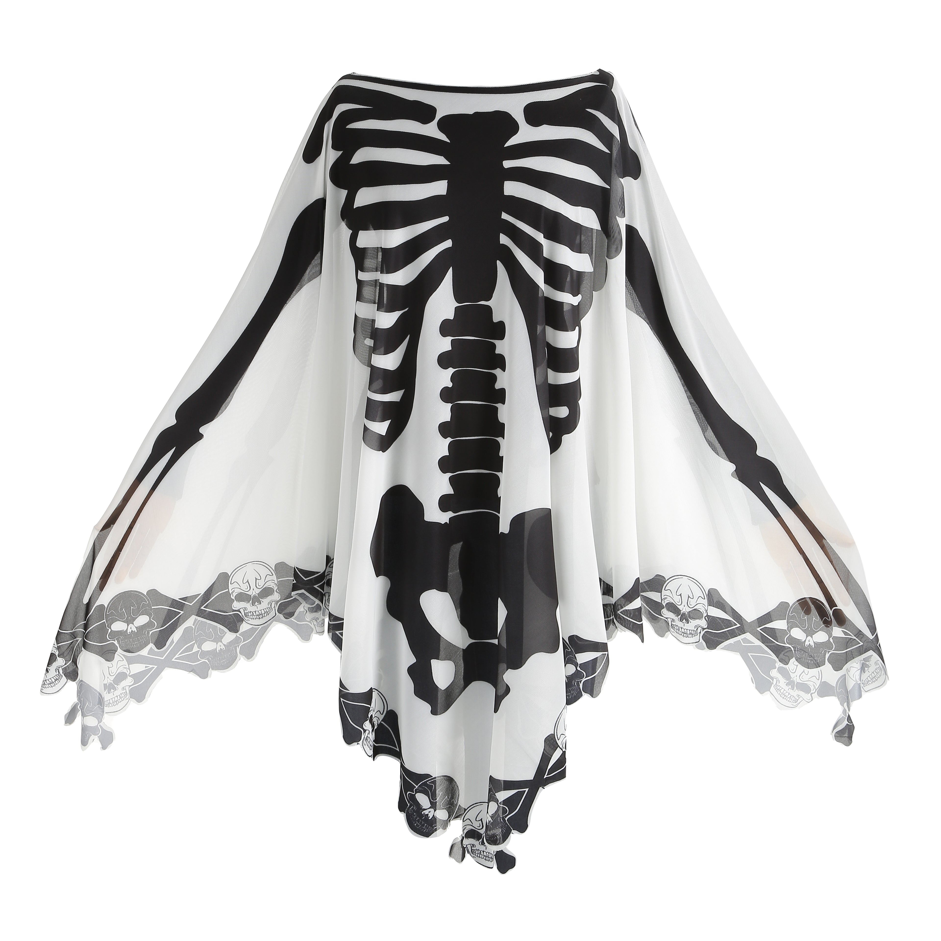 Custom Skeleton Poncho Cape 2‑Piece Set 1.5M×1.5M, Spider Web / Bone Trim, Black Grey White, Halloween Skull Cosplay Party Costume Outfit