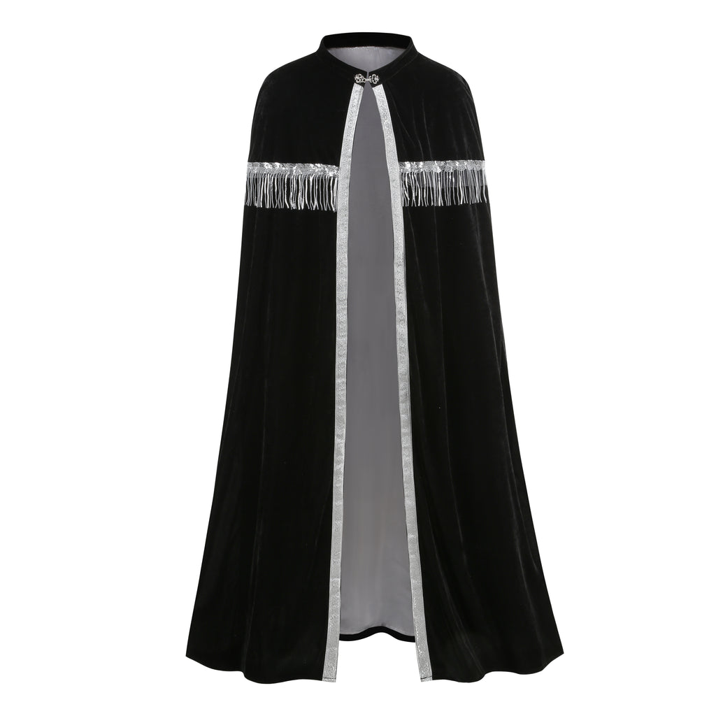 Unisex Medieval Hooded Cloak Renaissance Velvet Cape with Silver Tassels Adult Halloween Party Royal Witch