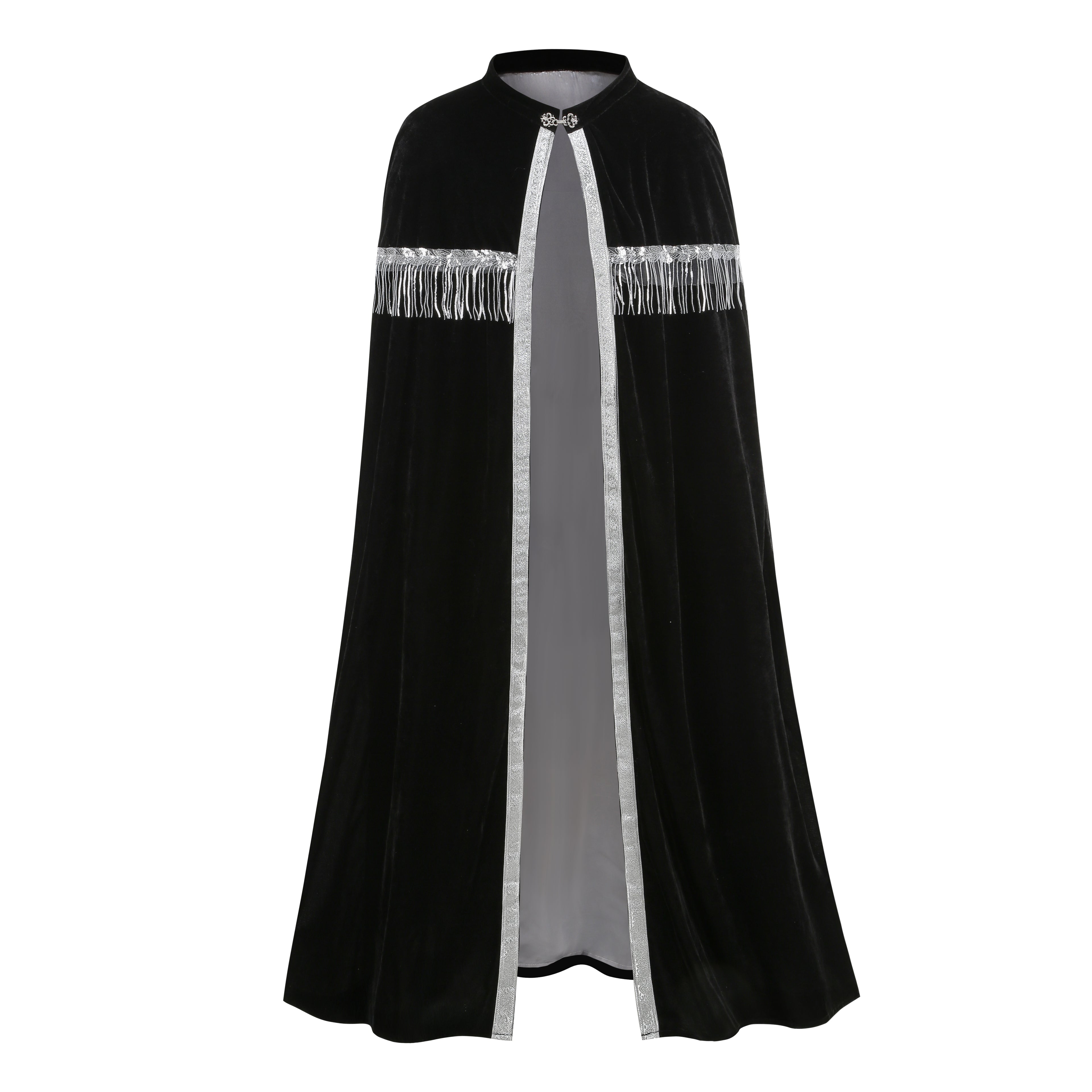 Unisex Medieval Hooded Cloak Renaissance Velvet Cape with Silver Tassels Adult Halloween Party Royal Witch