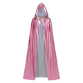A shiny metallic pink hooded cape with a silver lining and a small gold cord detail at the neck, shown against a plain white background.