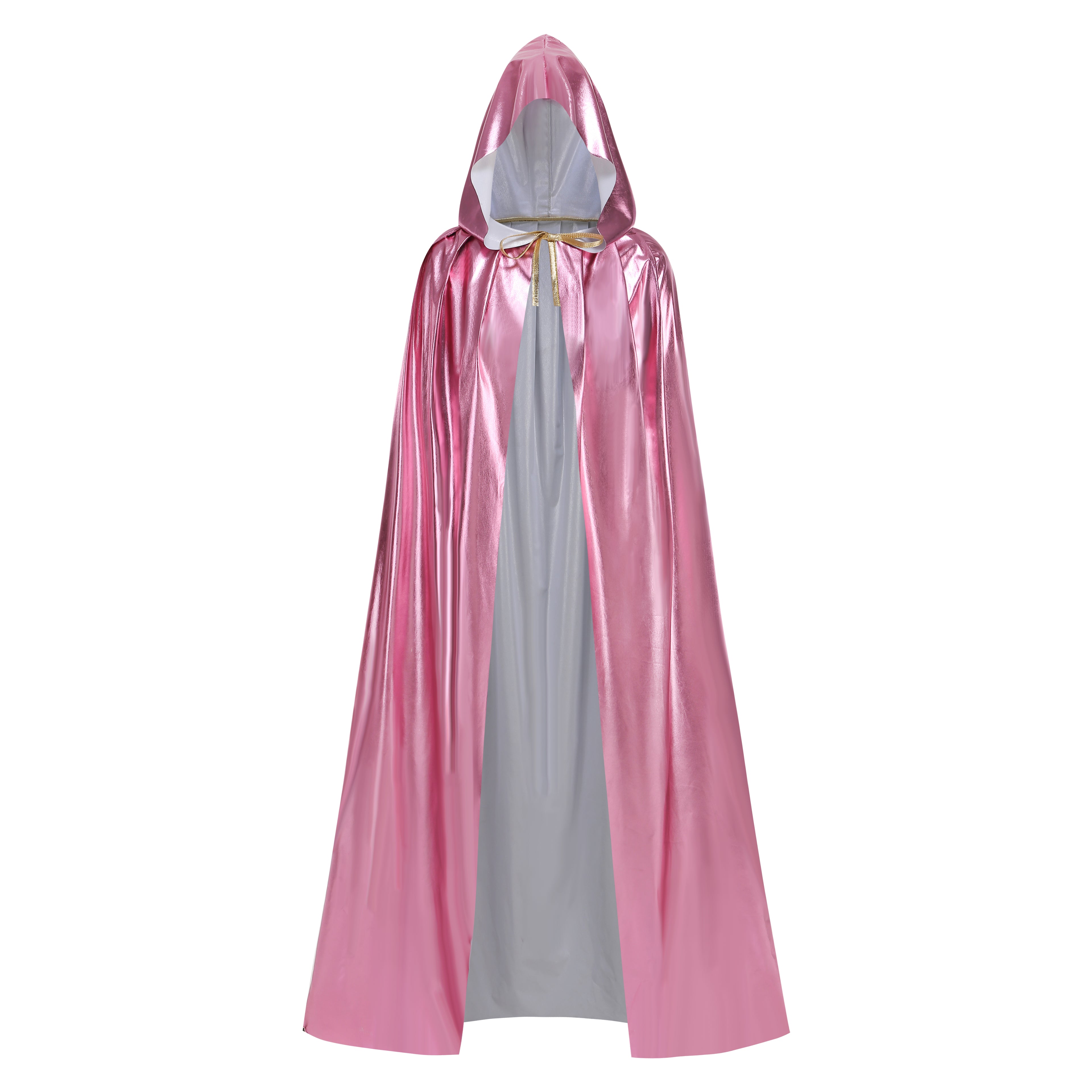 Custom Metallic Hooded Cape With Neck Tie‑Strap Pink 115CM 125CM 145CM 155CM Shiny Cosplay Cloak For Halloween Fantasy Theme Party